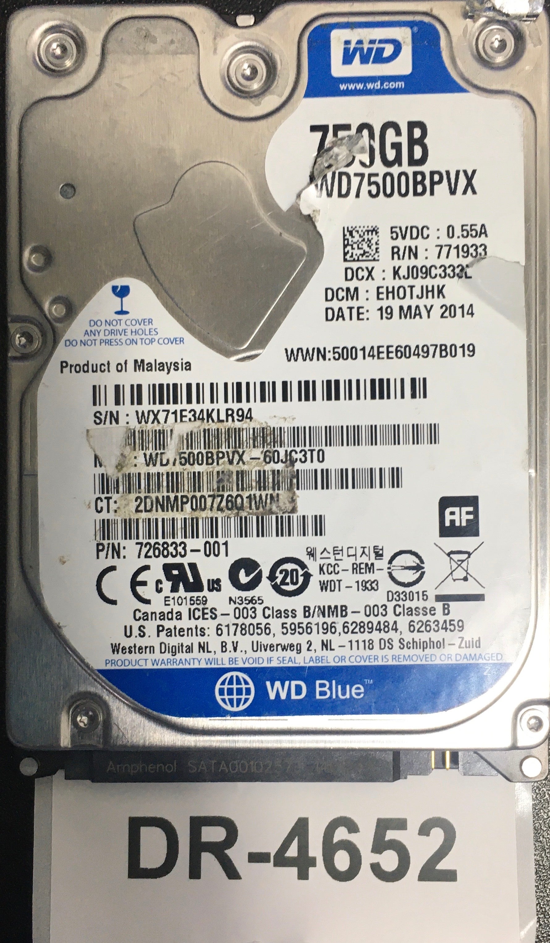 WD7500BPVX,  Serial: WX71E34KLR94,  750GB 2.5,  PCB: 2060-771960-000- REV A,