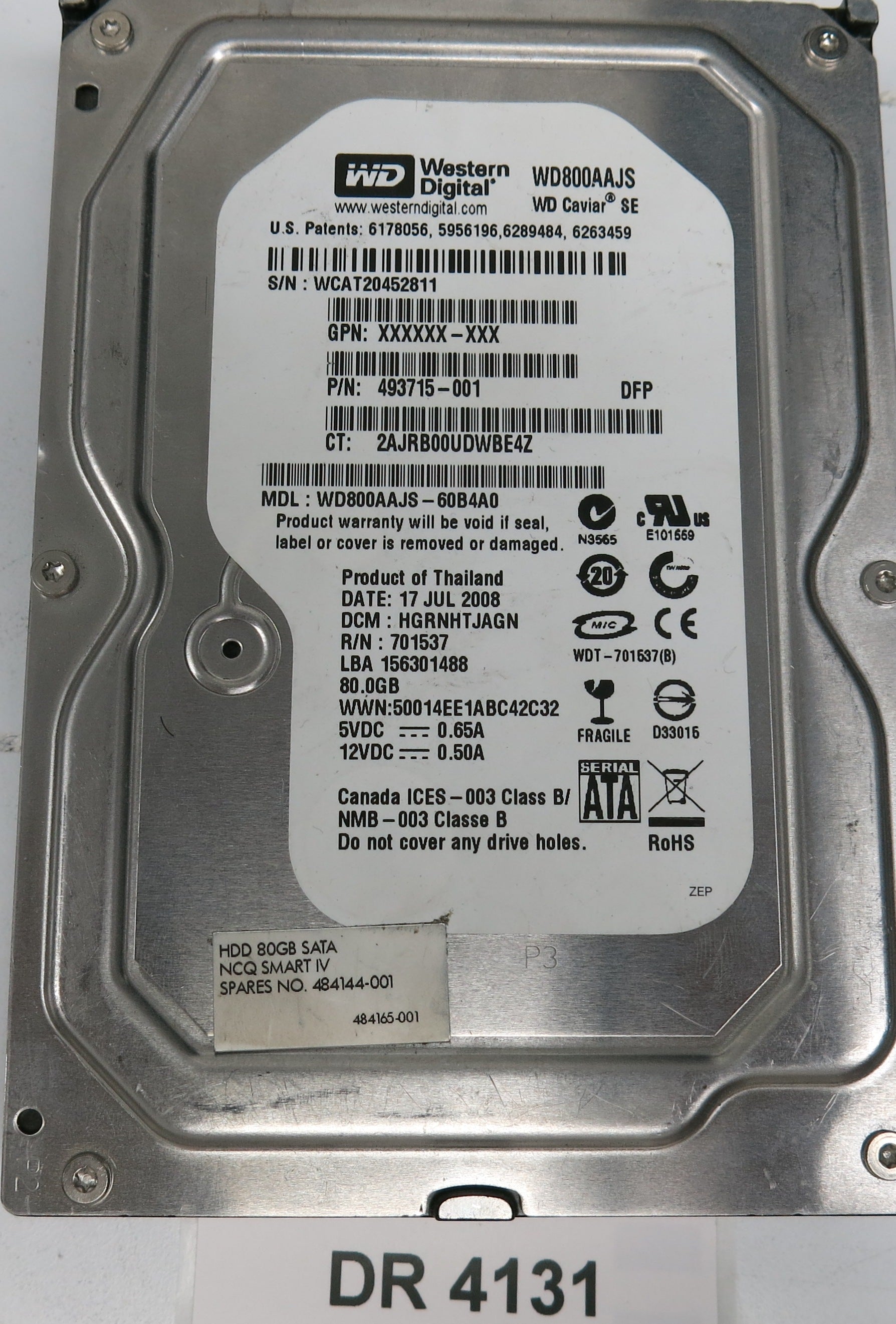 WD800AAJS-60B4A0,  DCM: HGRNHTAGN,  Serial: WCAT20452811,  80GB 3.5,  PCB 2060-701537-003 REV A