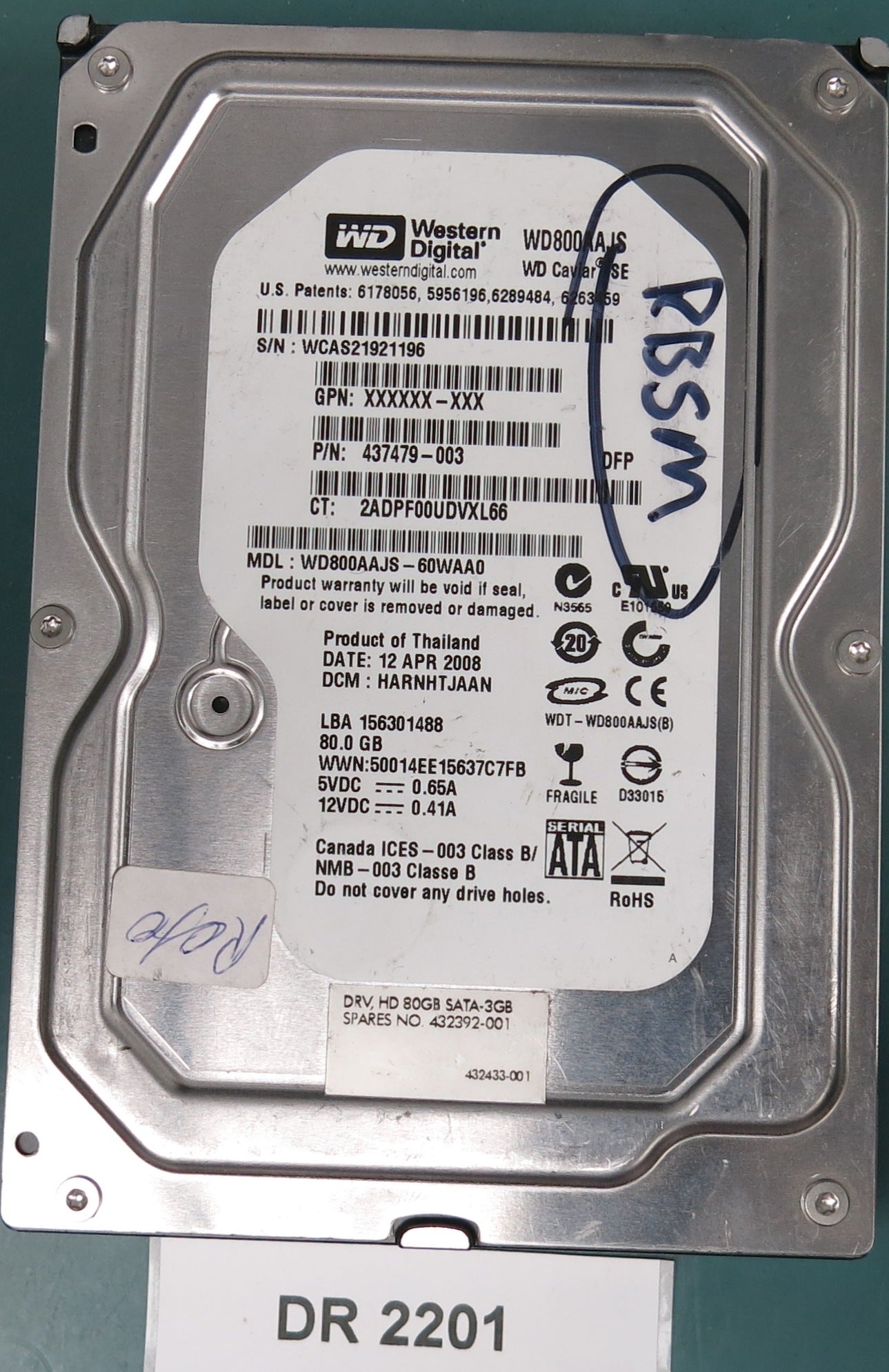 WD800AAJS-60WAA0, DCM HARNHTJAAN, 80GB 3.5, PCB 2060-701552-003 REV A