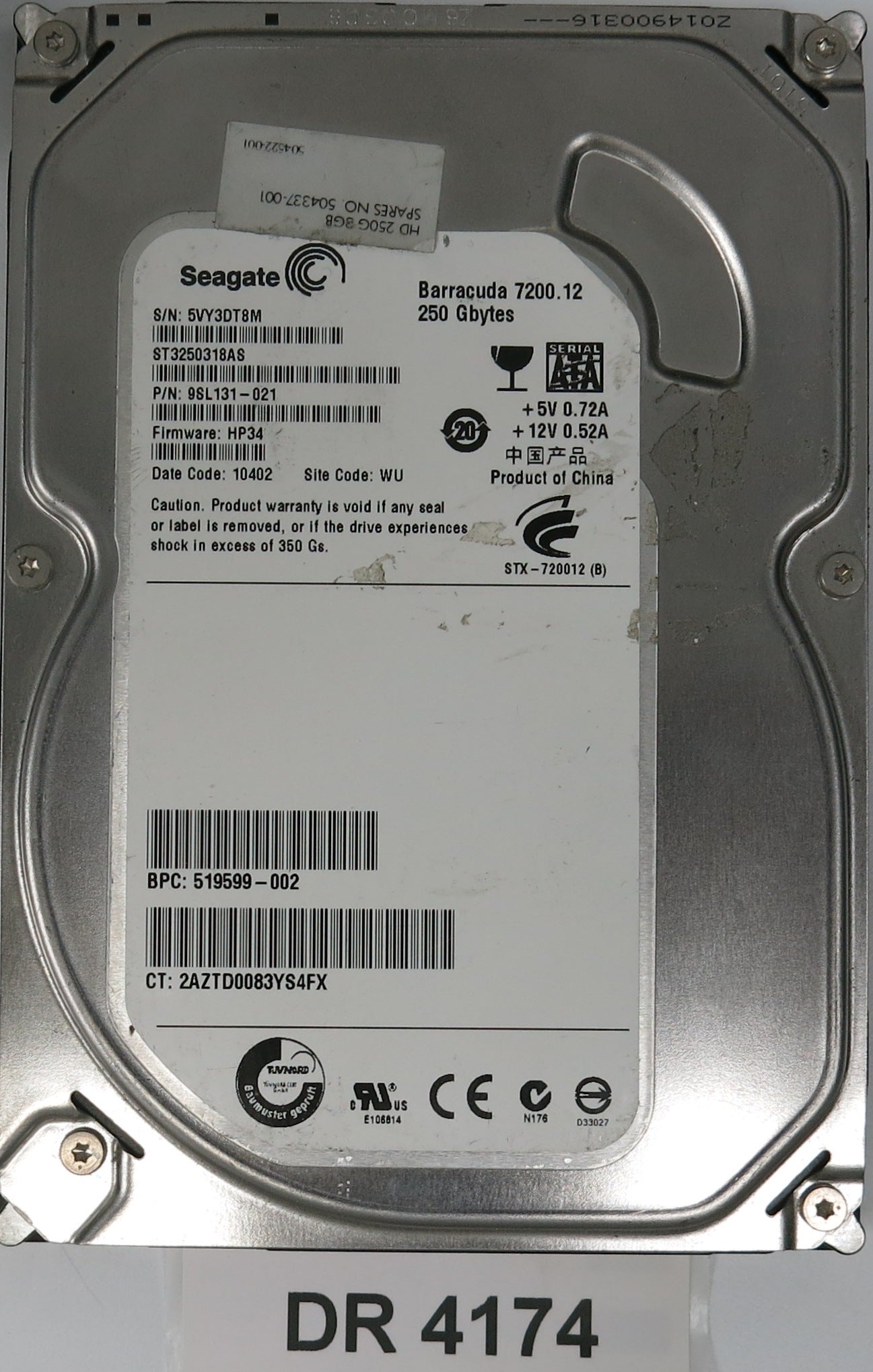 ST3250318AS,  P/N:9SL131-021,  FW:HP34,  Serial:5VY3DT8M,  250GB 3.5,  PCB:100535704- REV B