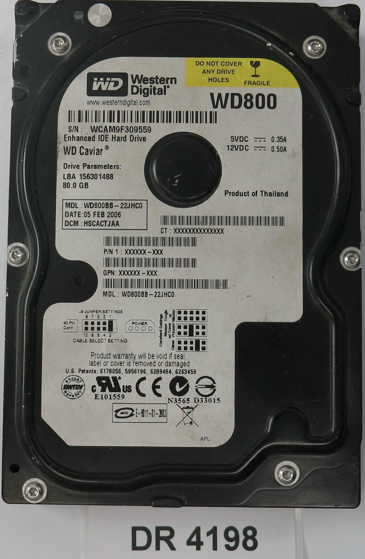 WD800BB-22JHC0,  DCM: HSCACTJAA,  Serial: WCAM9F309559,  80GB 3.5,  PCB 2060-701292-000 REV A