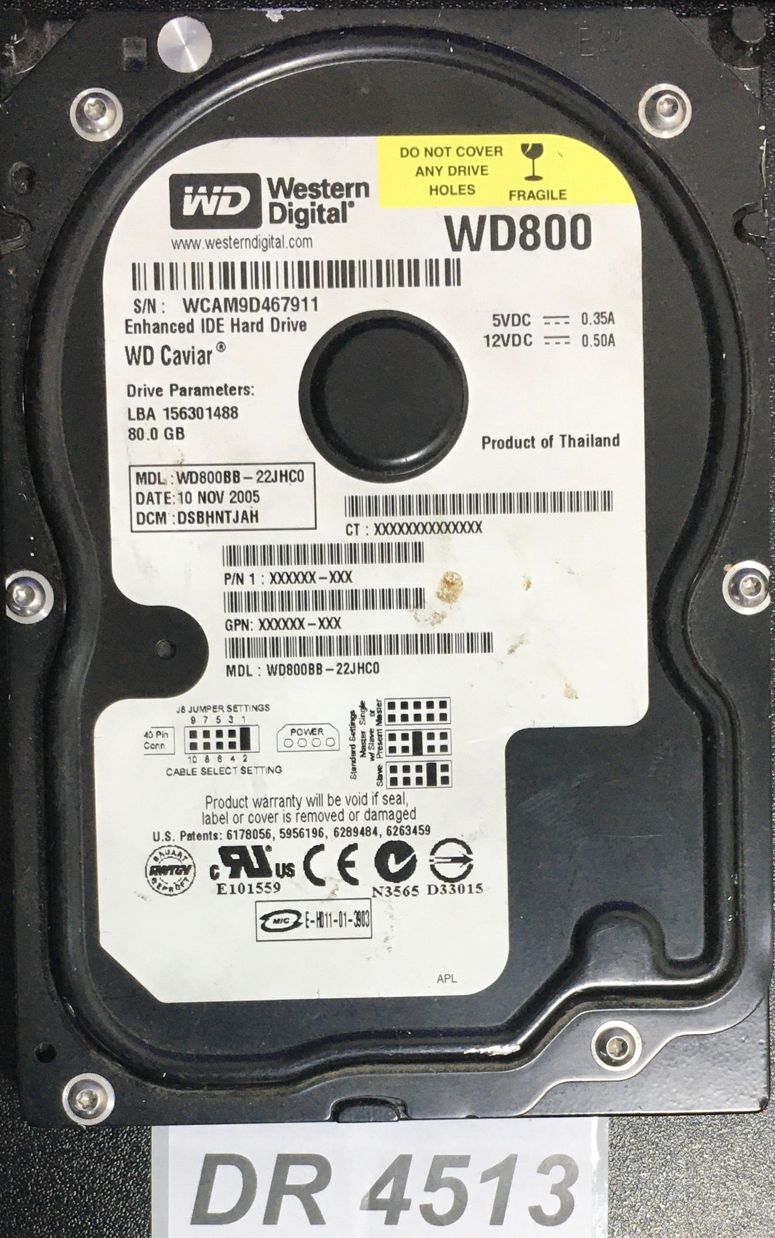 WD800BB-22JHC0 Serial:WCAM9D467911  80GB 3.5  PCB: 2060-701292-000 REV A