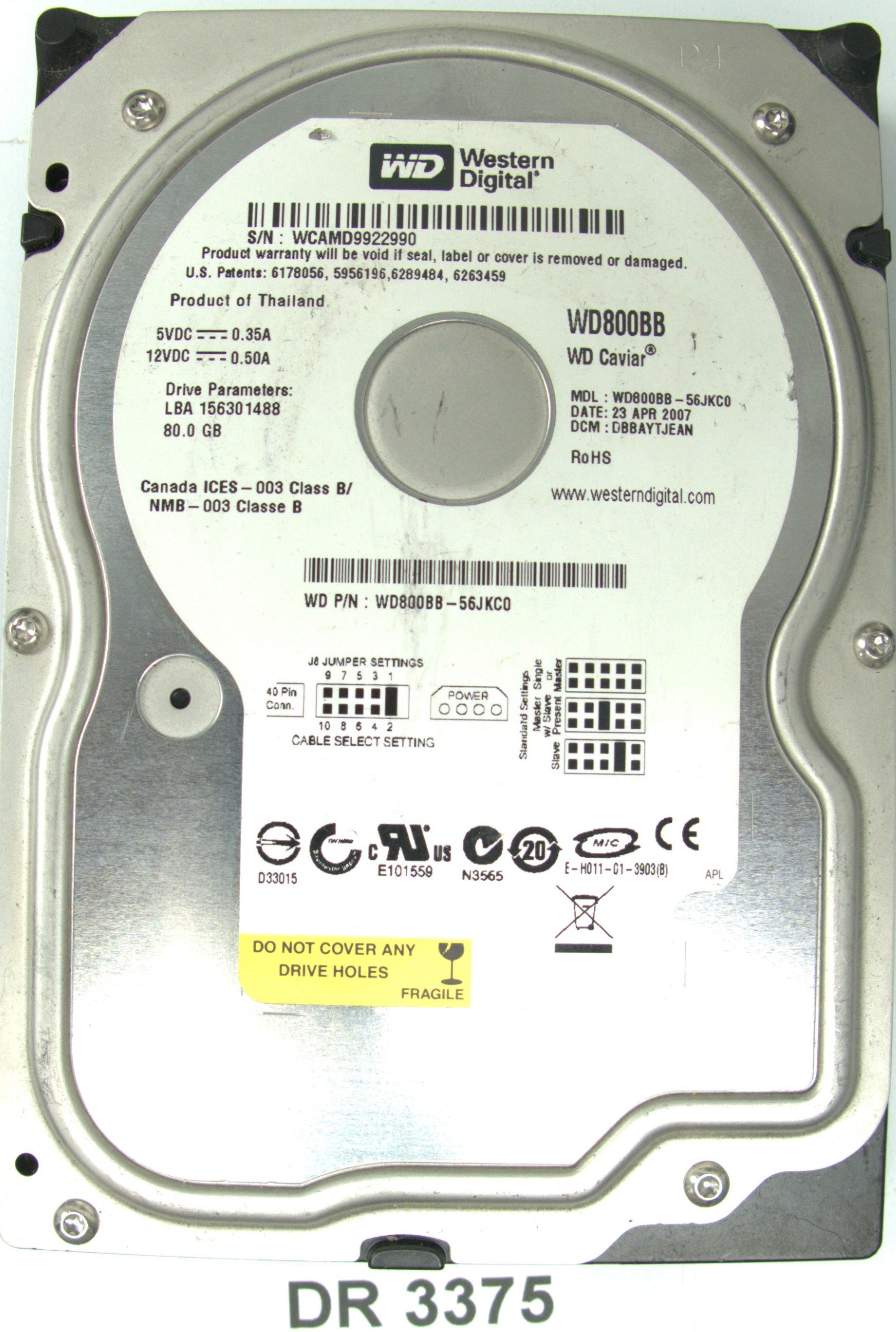 WD800BB-56JKC0, DCM: DBBAYTJEAN, 80GB 3.5, PCB 2060-701292-000 REV A