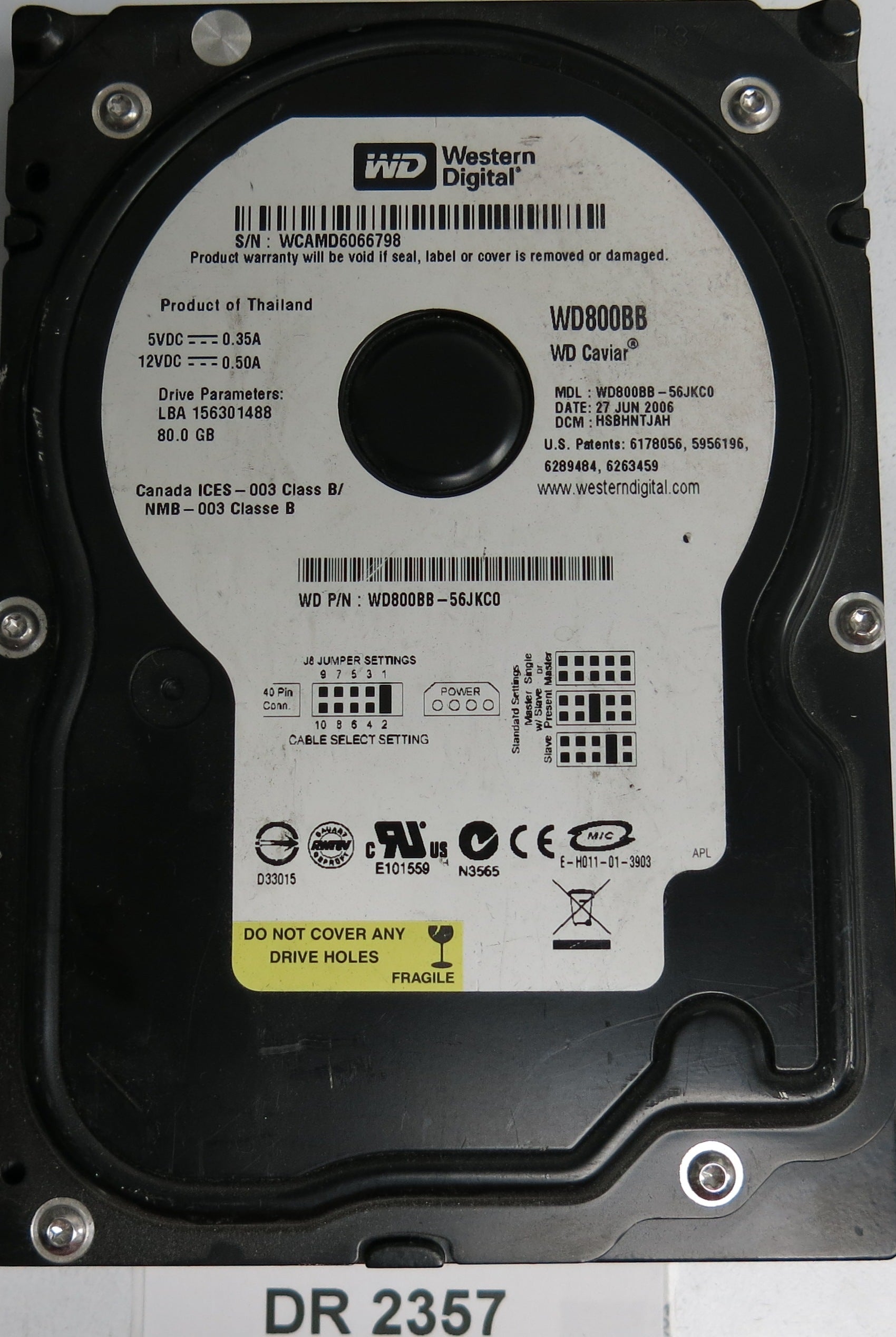 WD800BB-56JKC0 DCM HSBHNTJAH Serial Number: WCAMD6066798 80GB 3.5