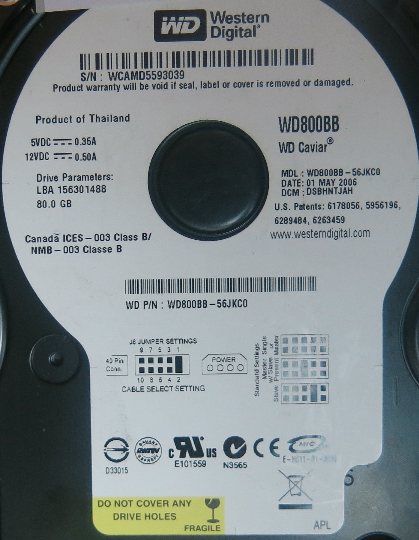 WD800BB-56JKC0, PN , DCM  DSBHNYJAH, 2060-701292-000 REV A PCB