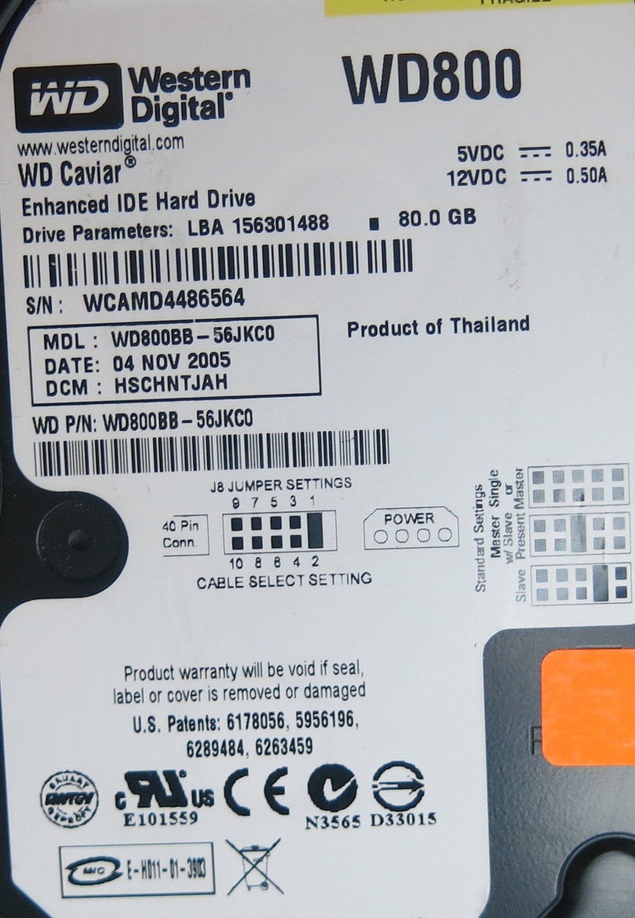 WD800BB-56JKC0, PN , DCM  HSCHNTJAH, 2060-701292-000 REV A PCB