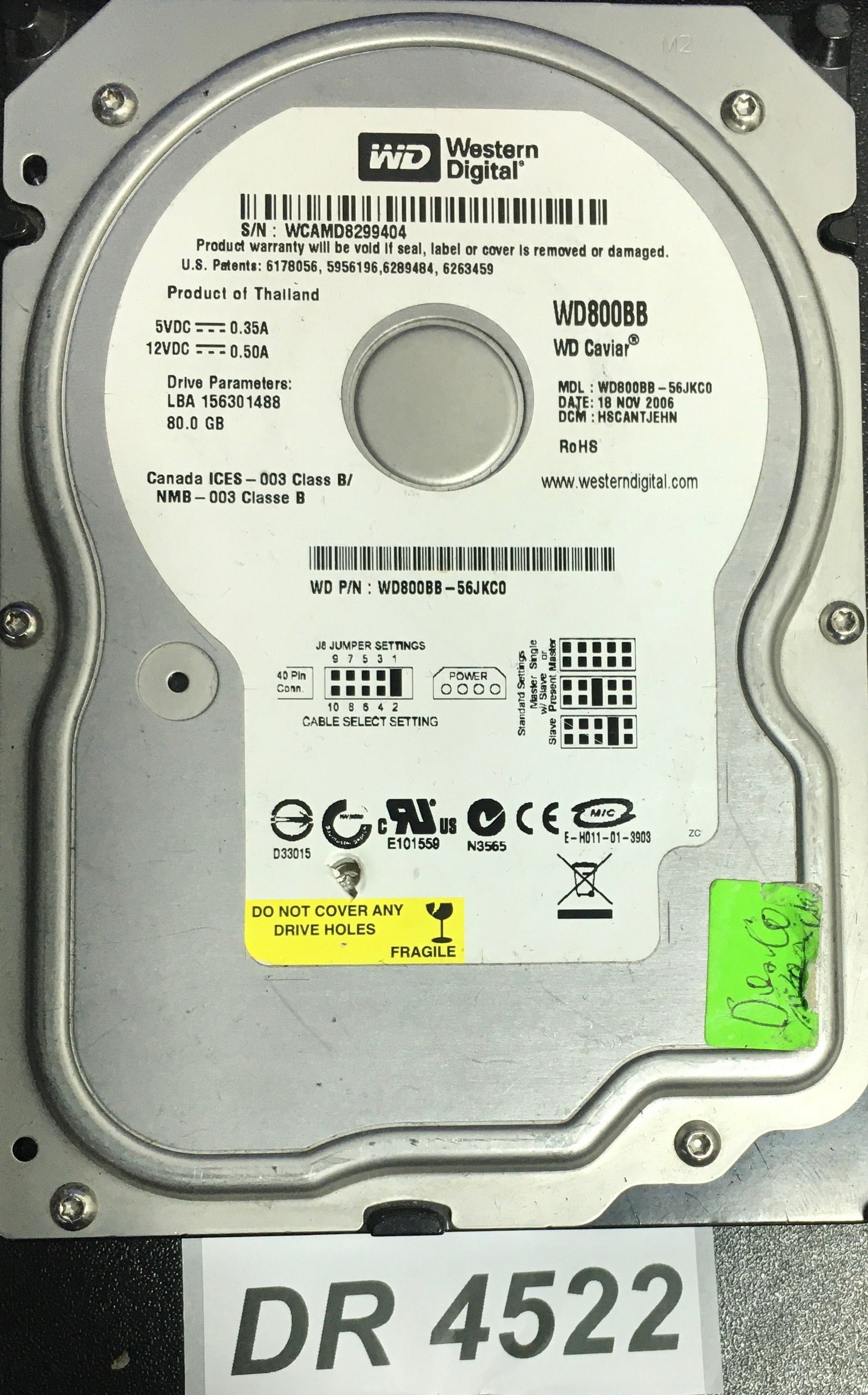 WD800BB-56JKC0 Serial:WCAMD8299404  80GB 3.5  PCB: 2060-701292-002 REV A