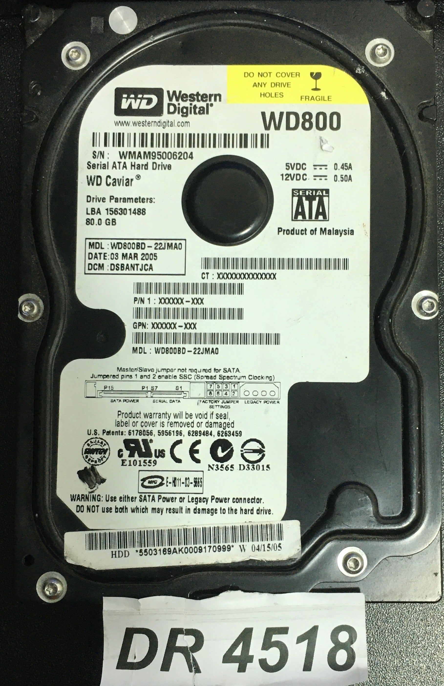 WD800BD-22JMA0  Serial:WMAM95006204  80GB 3.5  PCB: 2060-001293-001 REV A