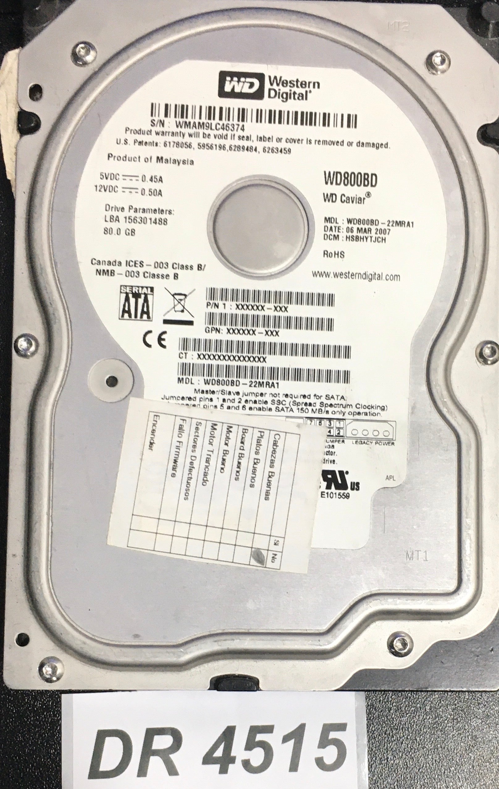 WD800BD-22MRA1  Serial:WMAM9LC46374  80GB 3.5