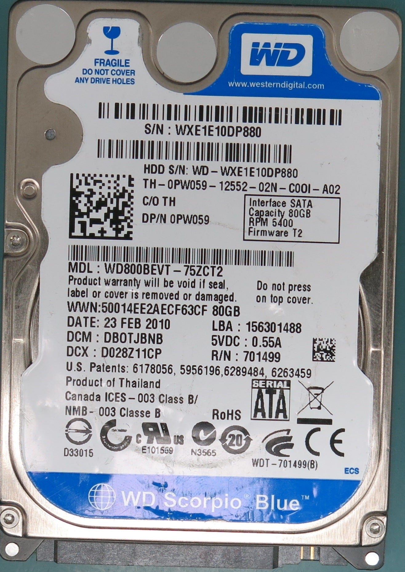 WD800BEVT-75ZCT2,  DCM DB0TJBNB,  Serial Number:  WXE1E10DP880,  80GB 2.5,  PCB 2060-701499-005 REV A,