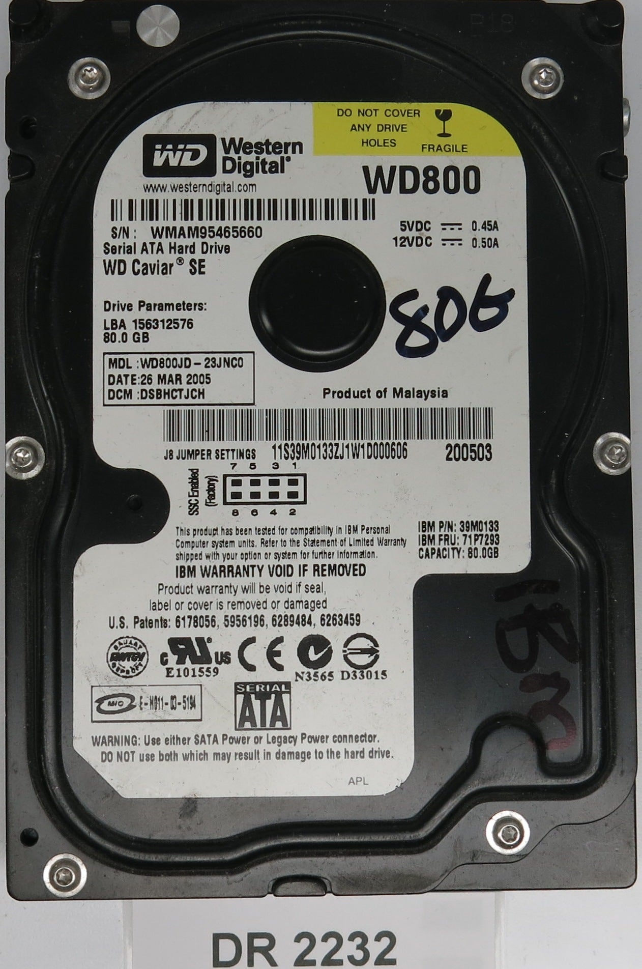 WD800JD-23JNC0, DCM DSBHCTJCH, WMAM95465660, 80GB 3.5, PCB 2060-701293-001 REV A
