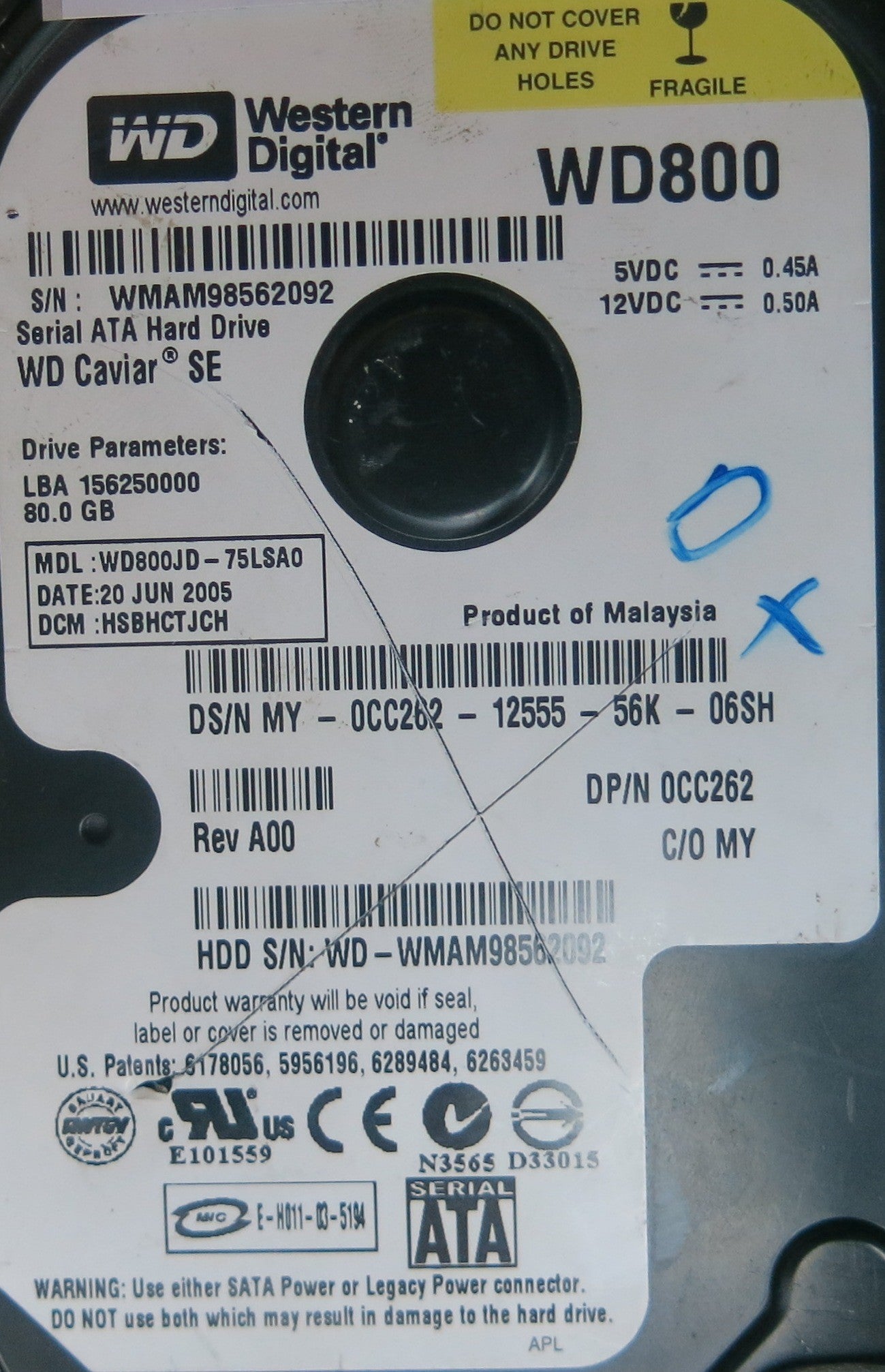 WD800JD-75LSA0, DCM HSBHCTJCH, 2060-701335-003 REV B PCB