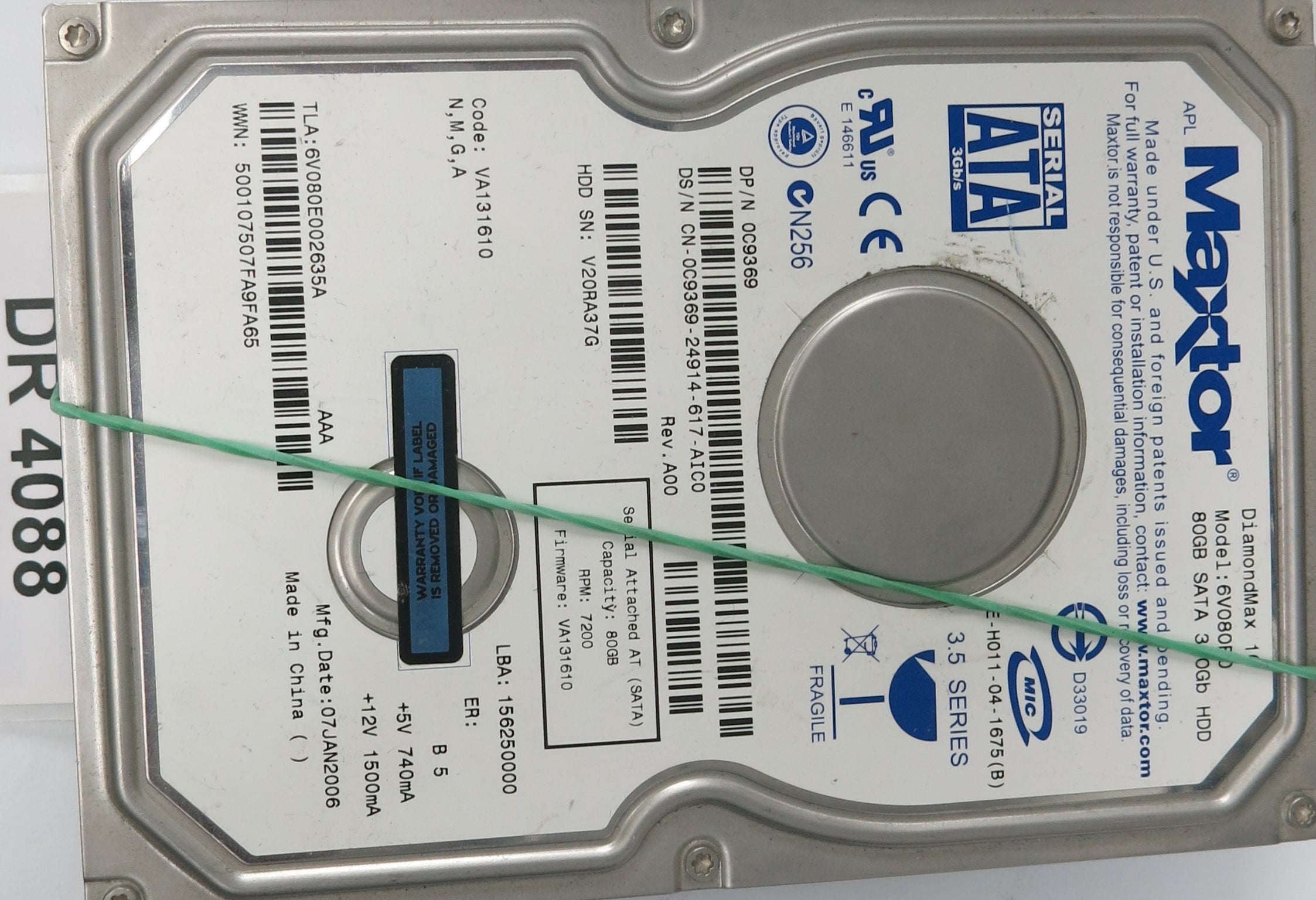 6V080E0,  Serial:V2RA37G,  80GB 3.5,  PCB:302136100- REV A