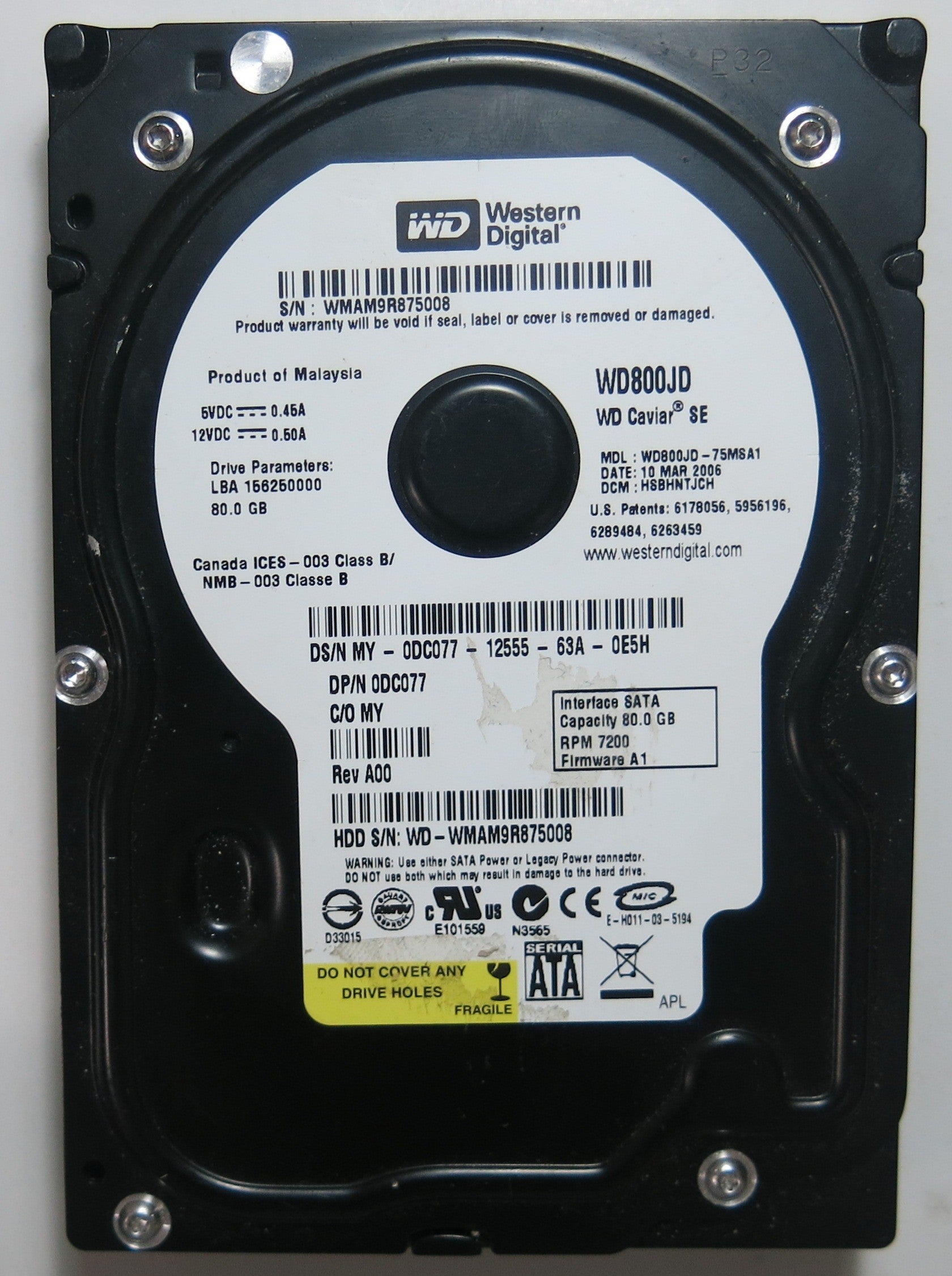 WD800JD-75MSA1 PCB: 2060-701335-005 REV A SERIAL NUMBER: WMAM9R875008 FW HSBHNTJCH 80GB