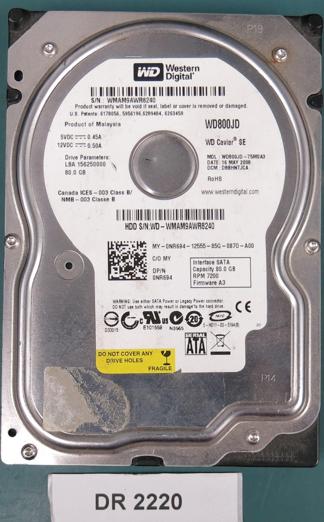 WD800JD-75MSA3,  SERIAL:WMAM9AWR8240,  80GB 3.5,  PCB 2060-701335-006 REV A
