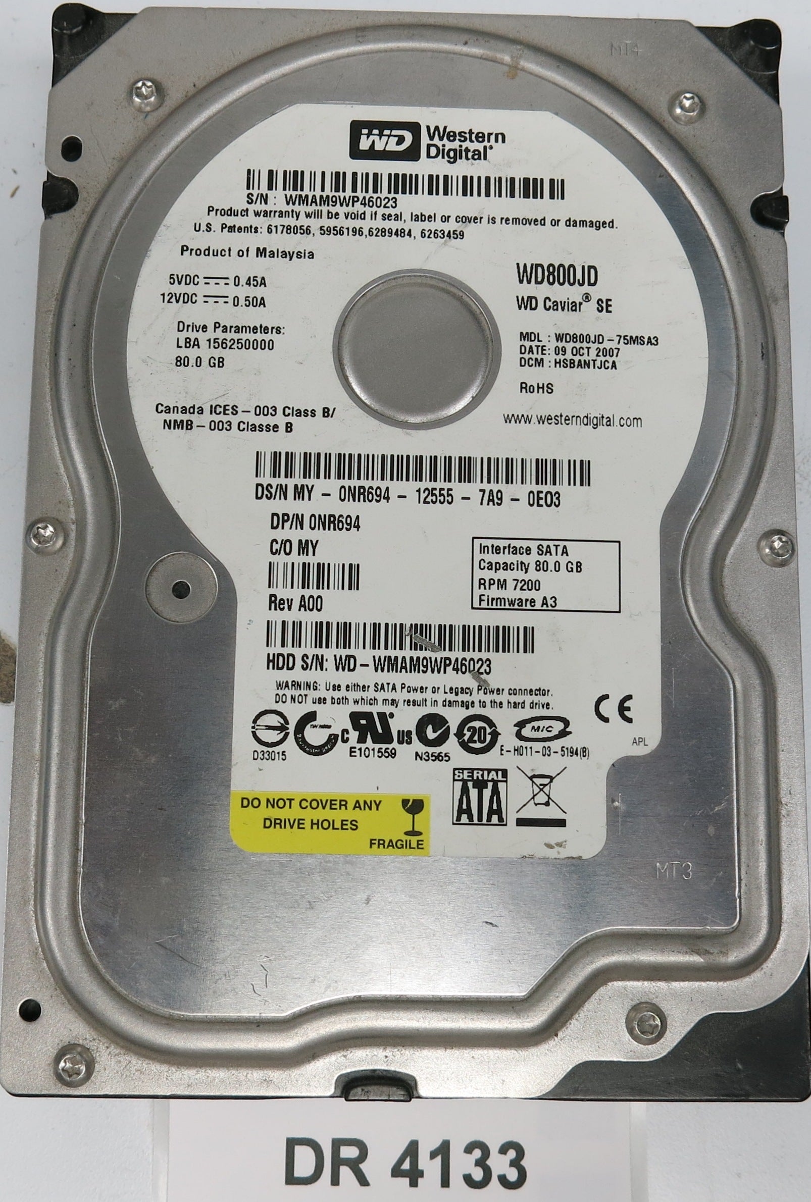 WD800JD-75MSA3,  DCM: HSBANTJCA,  Serial: WD-WMAM9WP46023,  80GB 3.5,  PCB 2060-701335-005 REV A