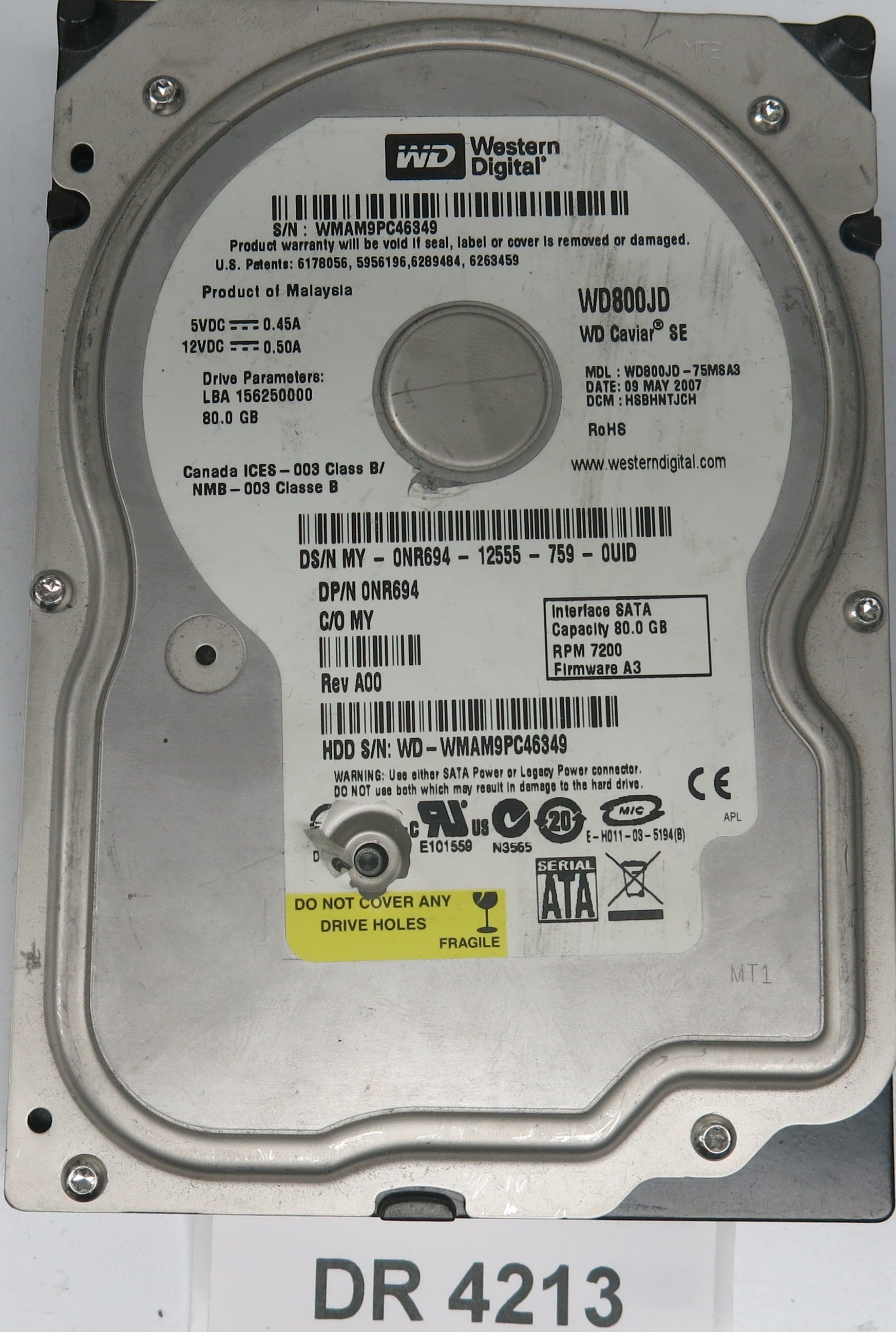 WD800JD-75MSA3,  DCM: HSBHNTJCH,  Serial: WMAM9PC46349,  80GB 3.5,  PCB 2060-701335-005 REV A