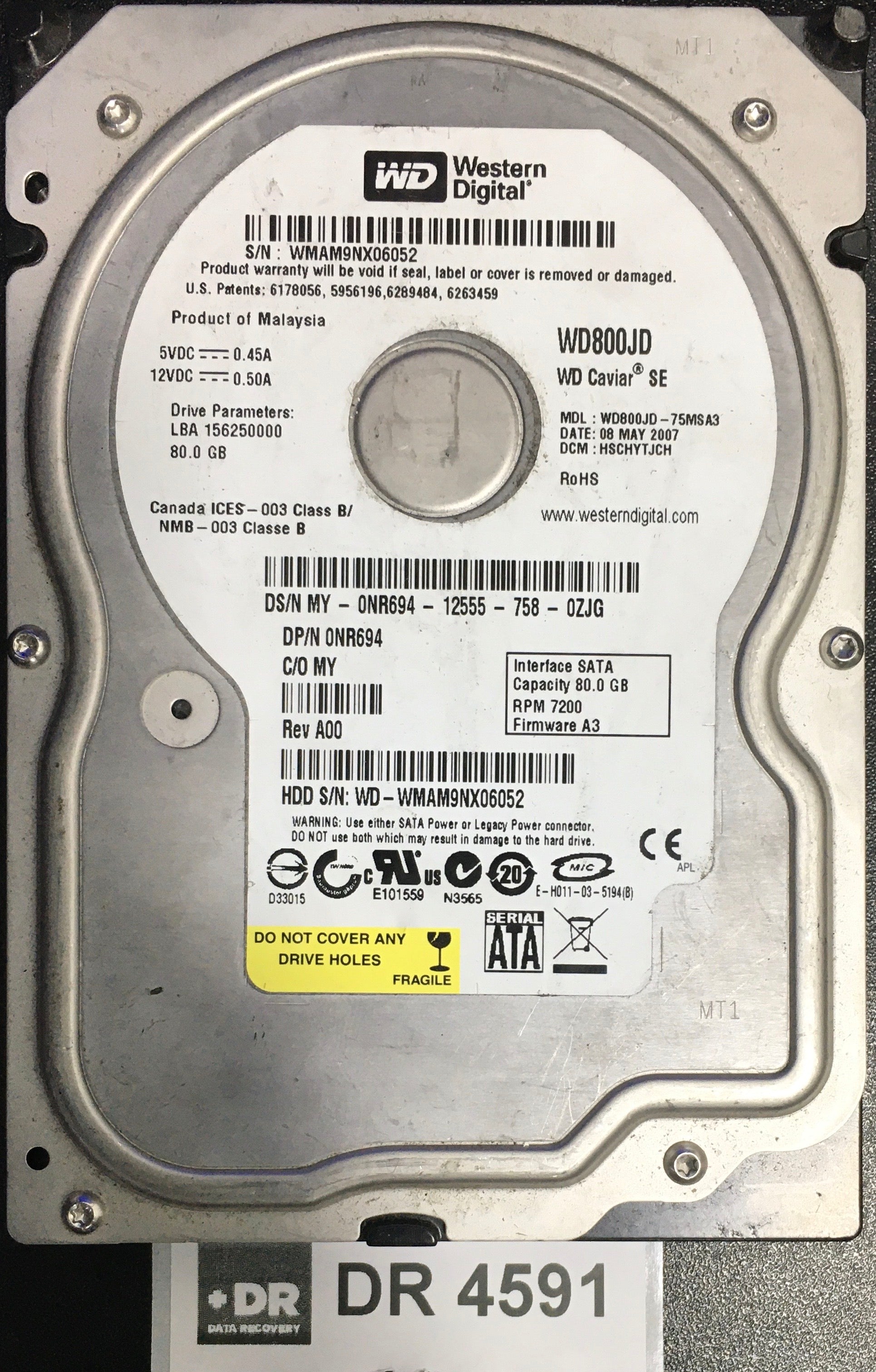 WD800JD-75MSA3,  Serial: WMAM9NX06052,  80GB 3.5  PCB:2060-701335-005- REV A