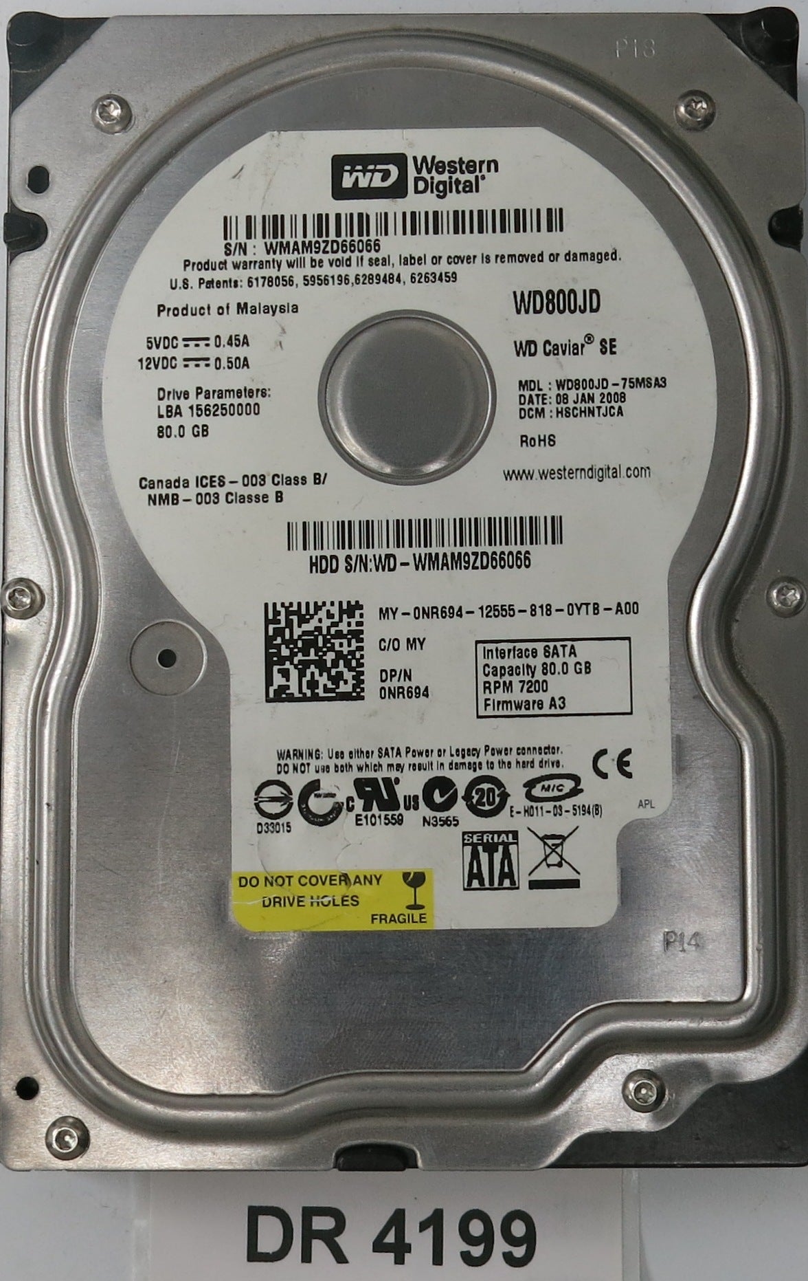 WD800JD-75MSAS,  DCM: HSCHNTJCA,  Serial: WMAM9ZD66066,  80GB 3.5,  PCB 2060-701335-005 REV A