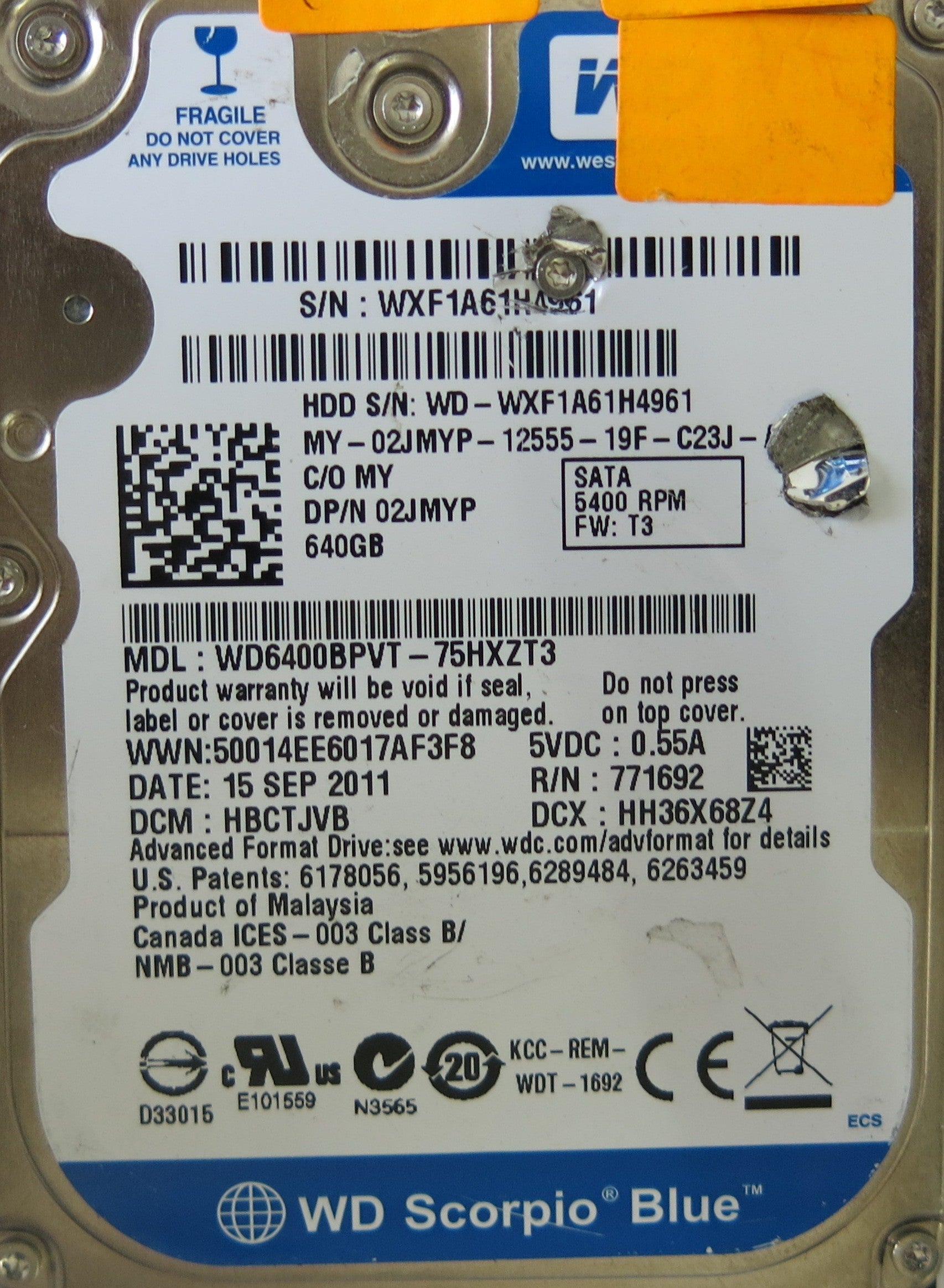 WESTER DIGITAL WD6400BPVT-75HXZT3 DCM HBCTJVB PCB 2060-771820-000 REV A