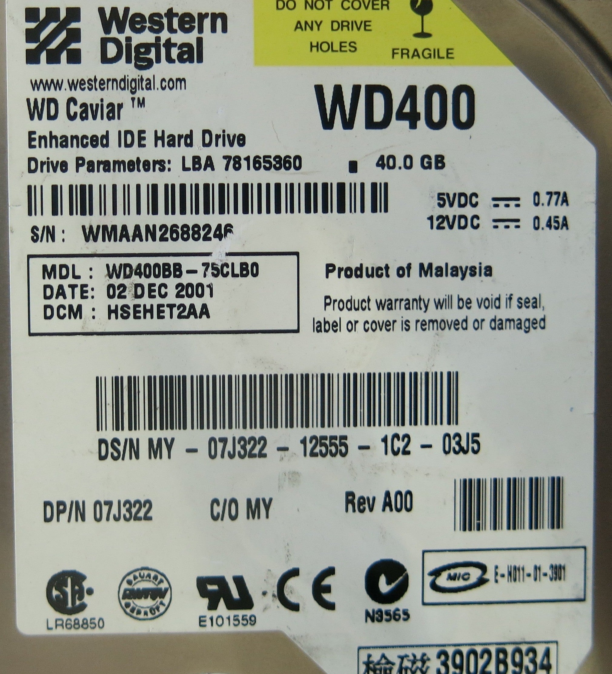 WESTER NDIGITAL WD400BB-75CL0 2060-001092-007 REV A PCB