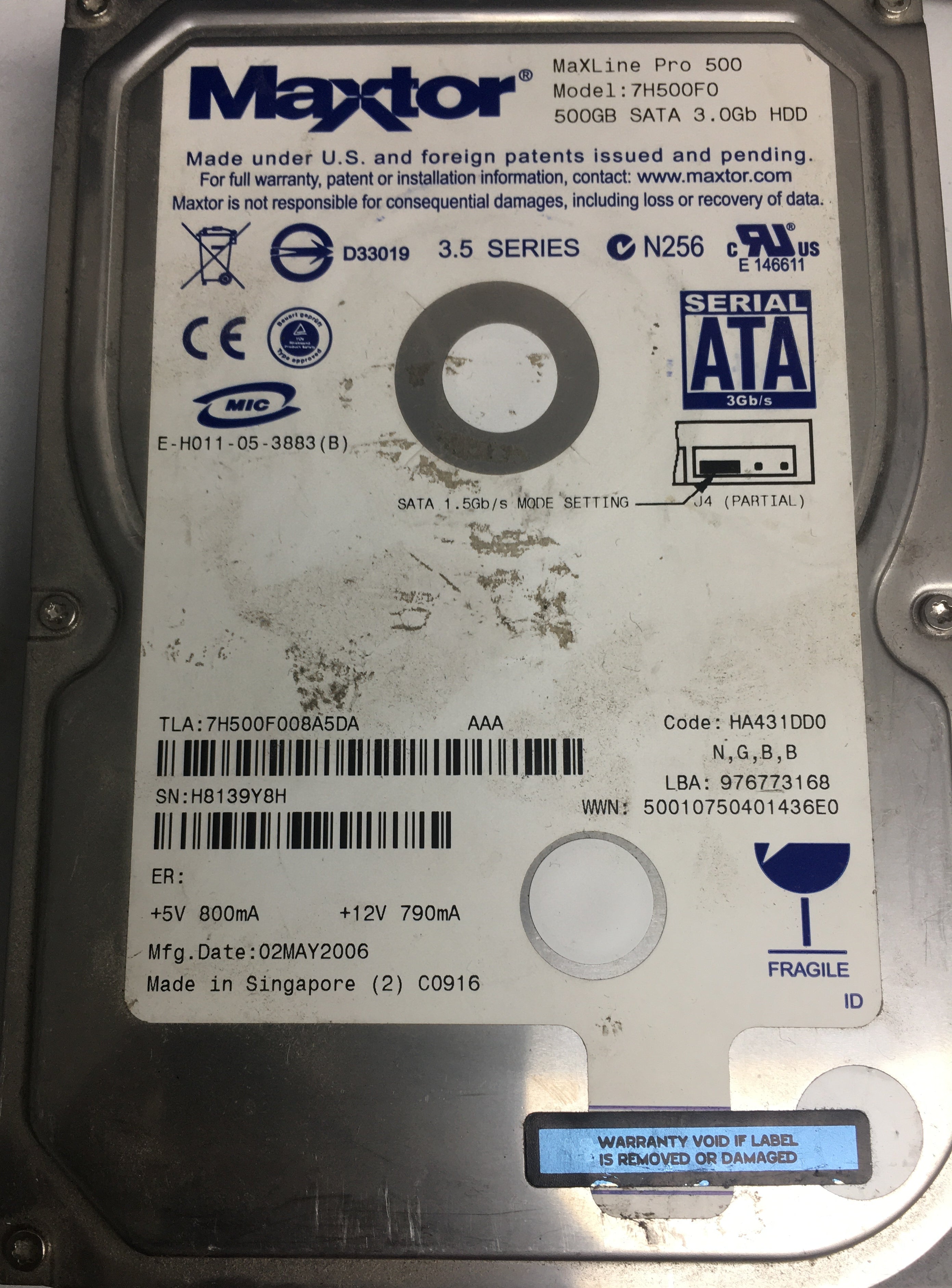 7H500F0,  Serial:H8139Y8H,  500GB 3.5,  PCB:302021103- REV A