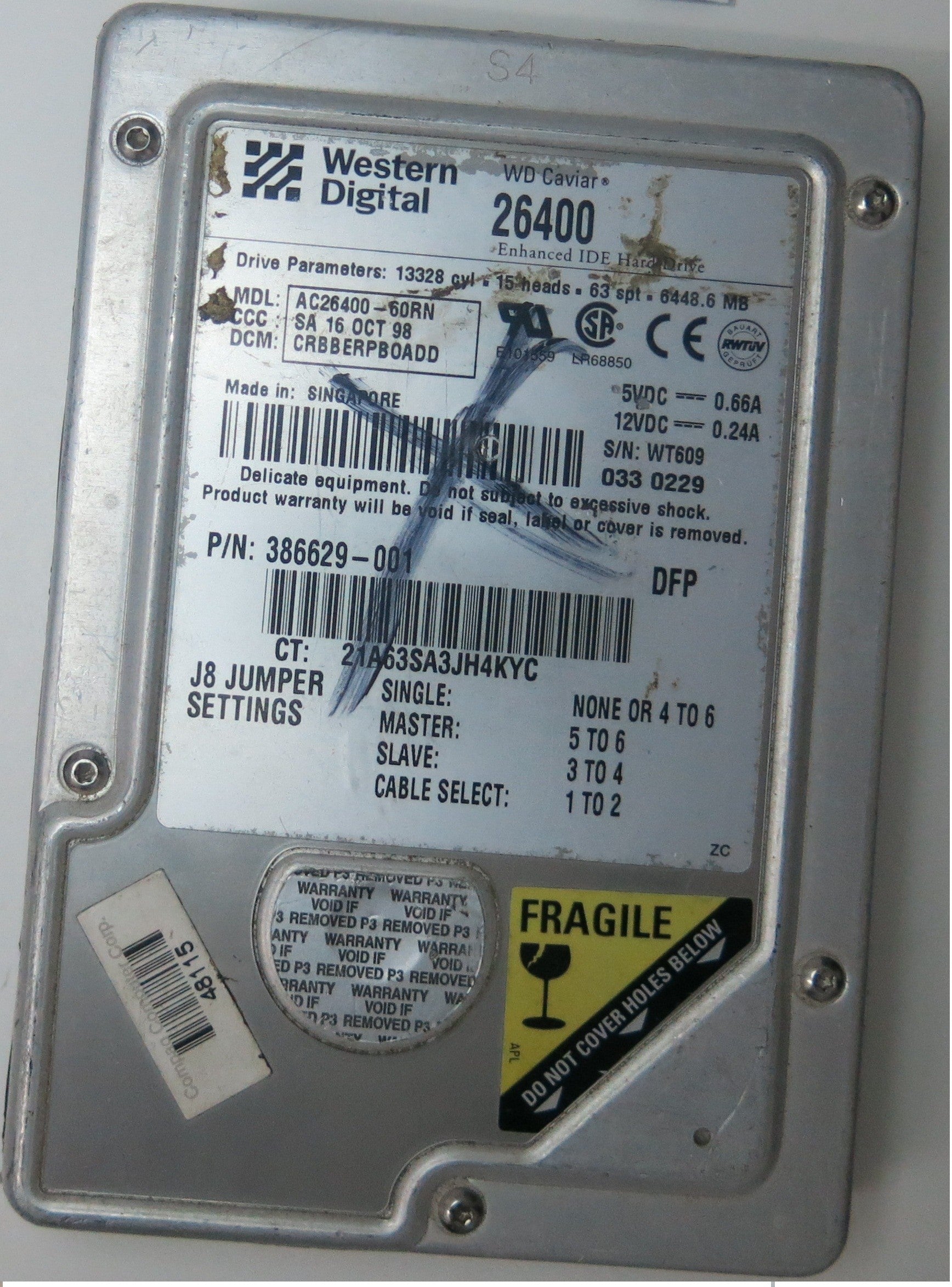 AC26400-60RN,  Serial:WT6090330229,  6.4GB 3.5,  PCB:60-600787-000- REV A