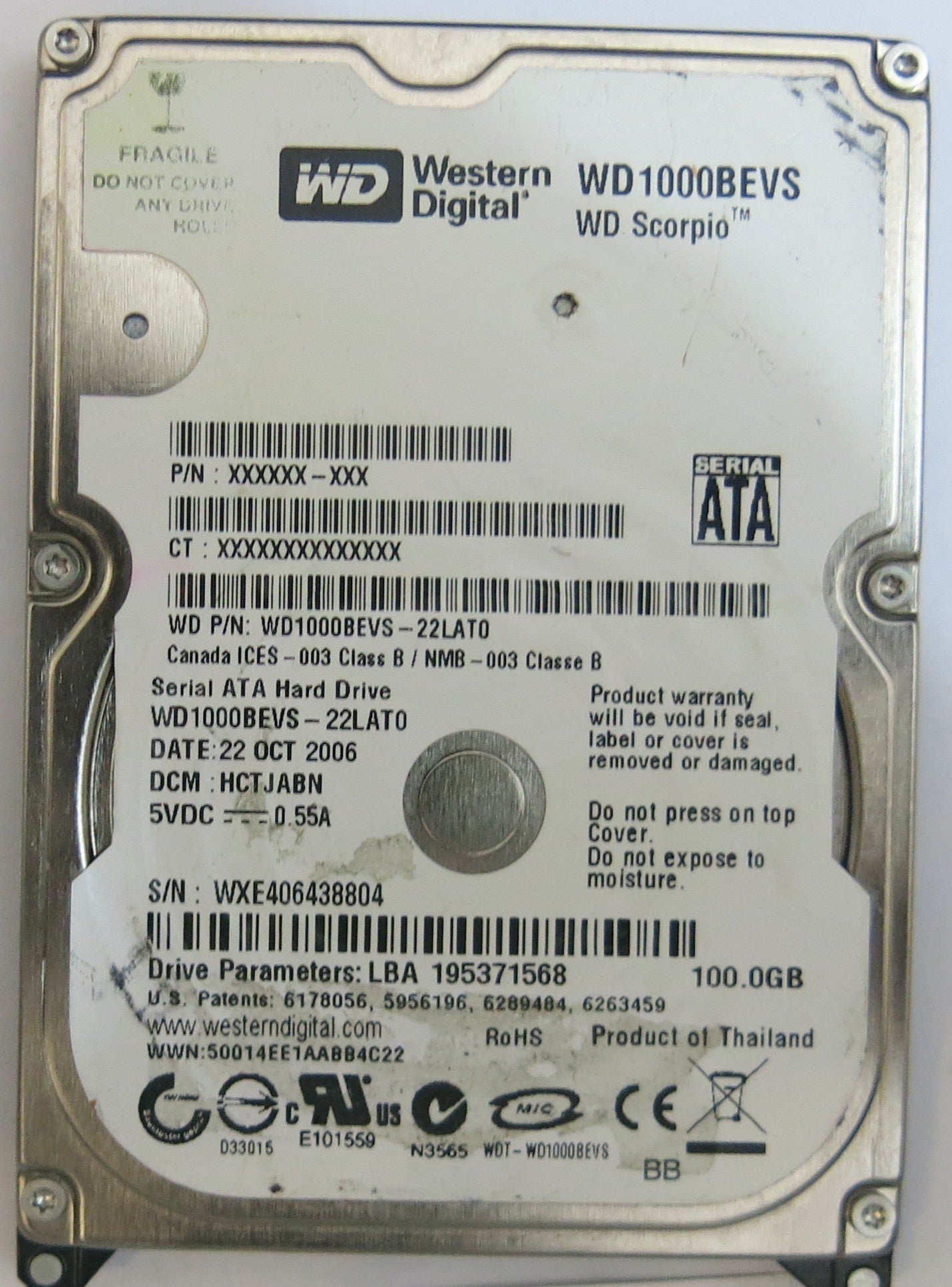 WESTERN DIGITAL WD1000BEVS-22LAT0 2060-701424-007 PCB