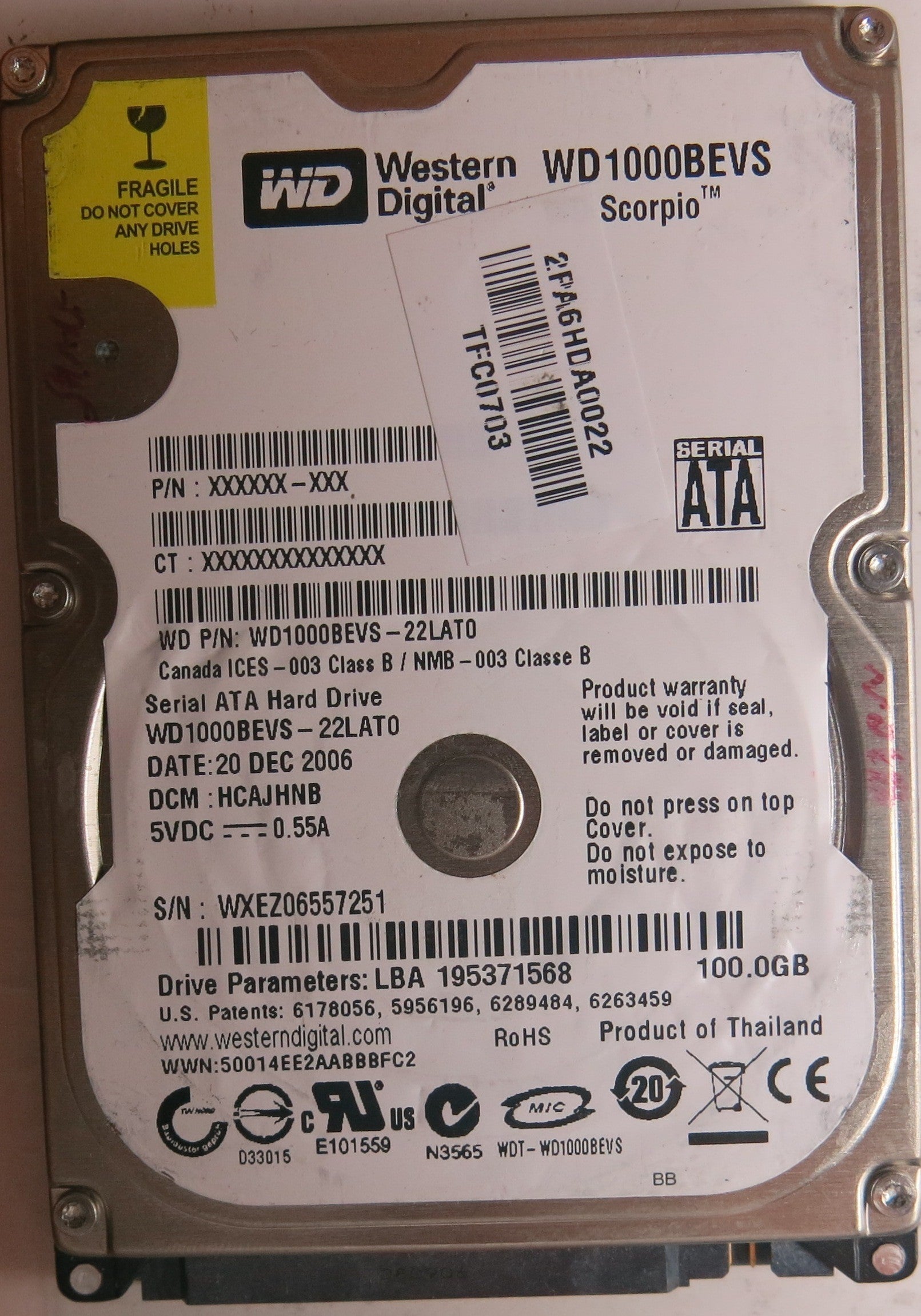 WESTERN DIGITAL WD1000BEVS-22LAT0 DCM HCAJHNB 100GB