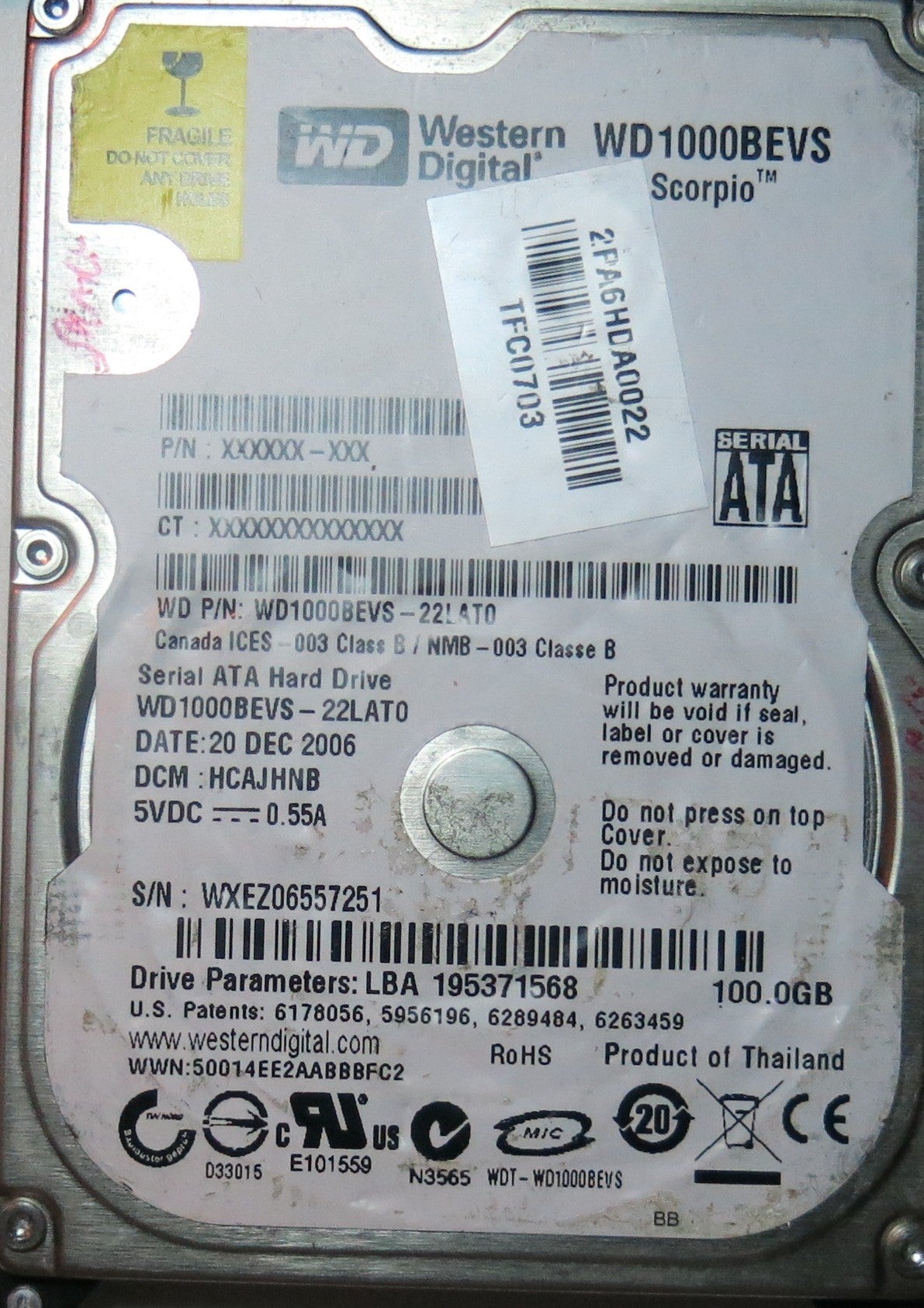 WESTERN DIGITAL WD1000BEVS-22LAT0,  PCB