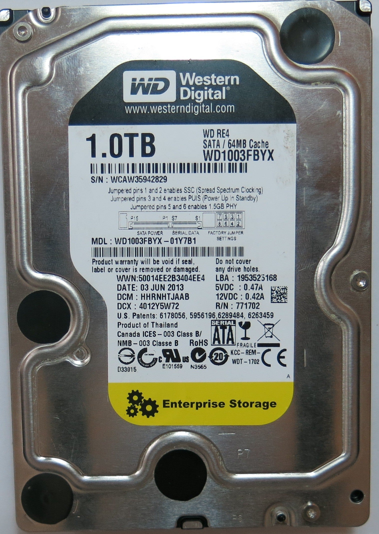 WD1003FBYX 01Y7B1,  Serial:WCAW35942829,  1TB 3.5,  PCB:2060-771702-001- REV A