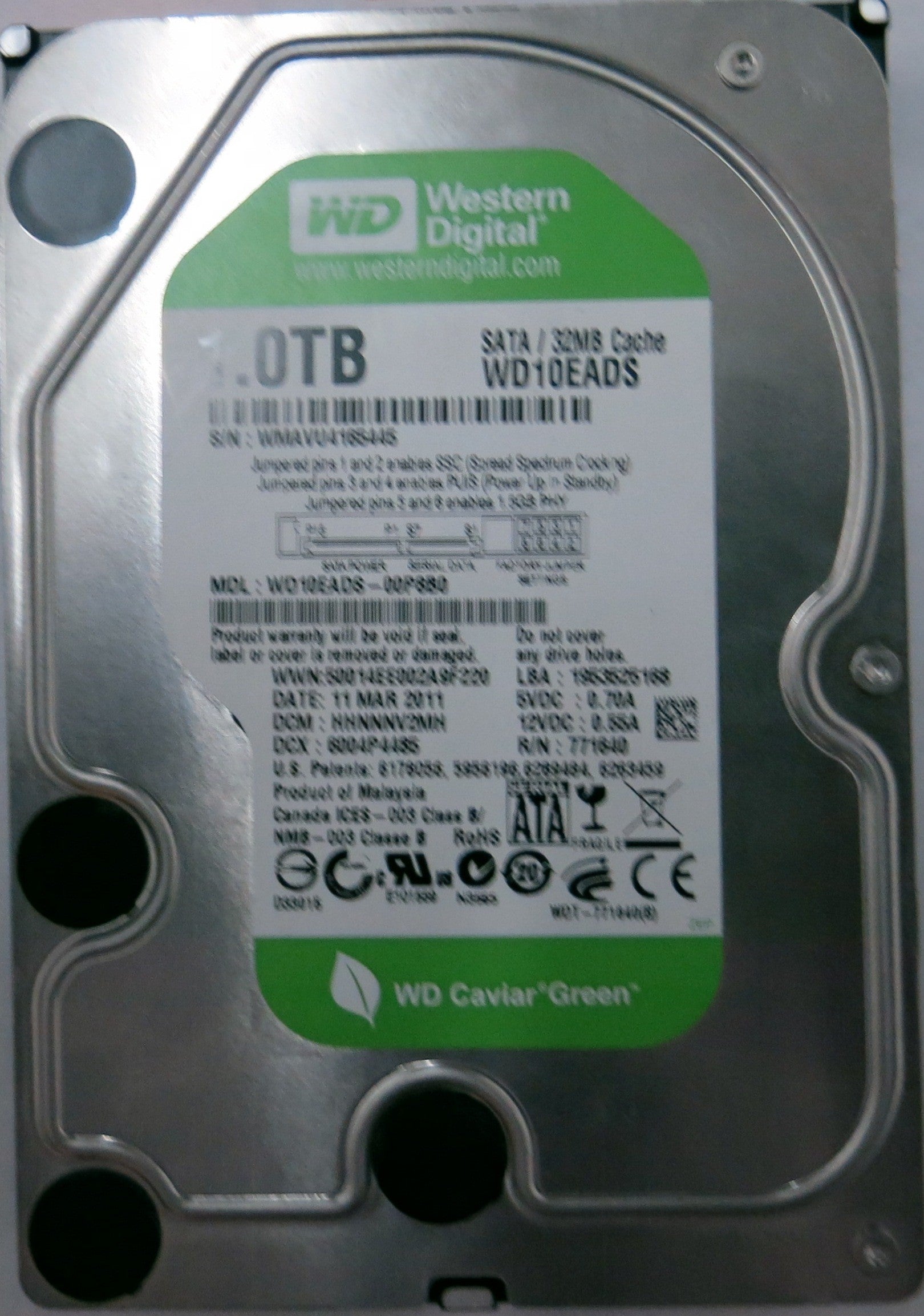WD10EADS-00P8B0,Serial:WMAVU416545, 1.0TB 3'5
