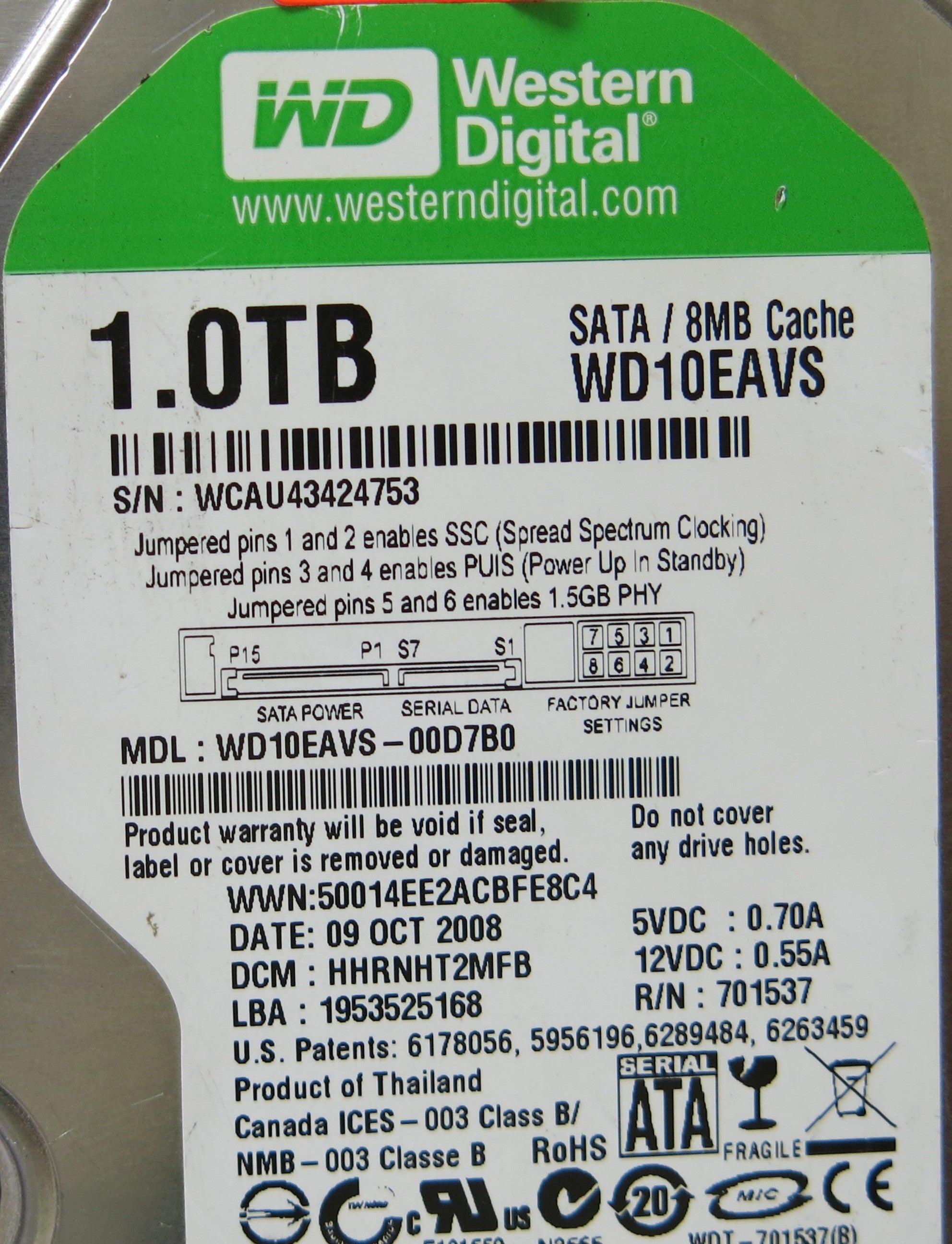 WESTERN DIGITAL WD10EAVS-00D7B0 2060-701537-004 REV A PCB