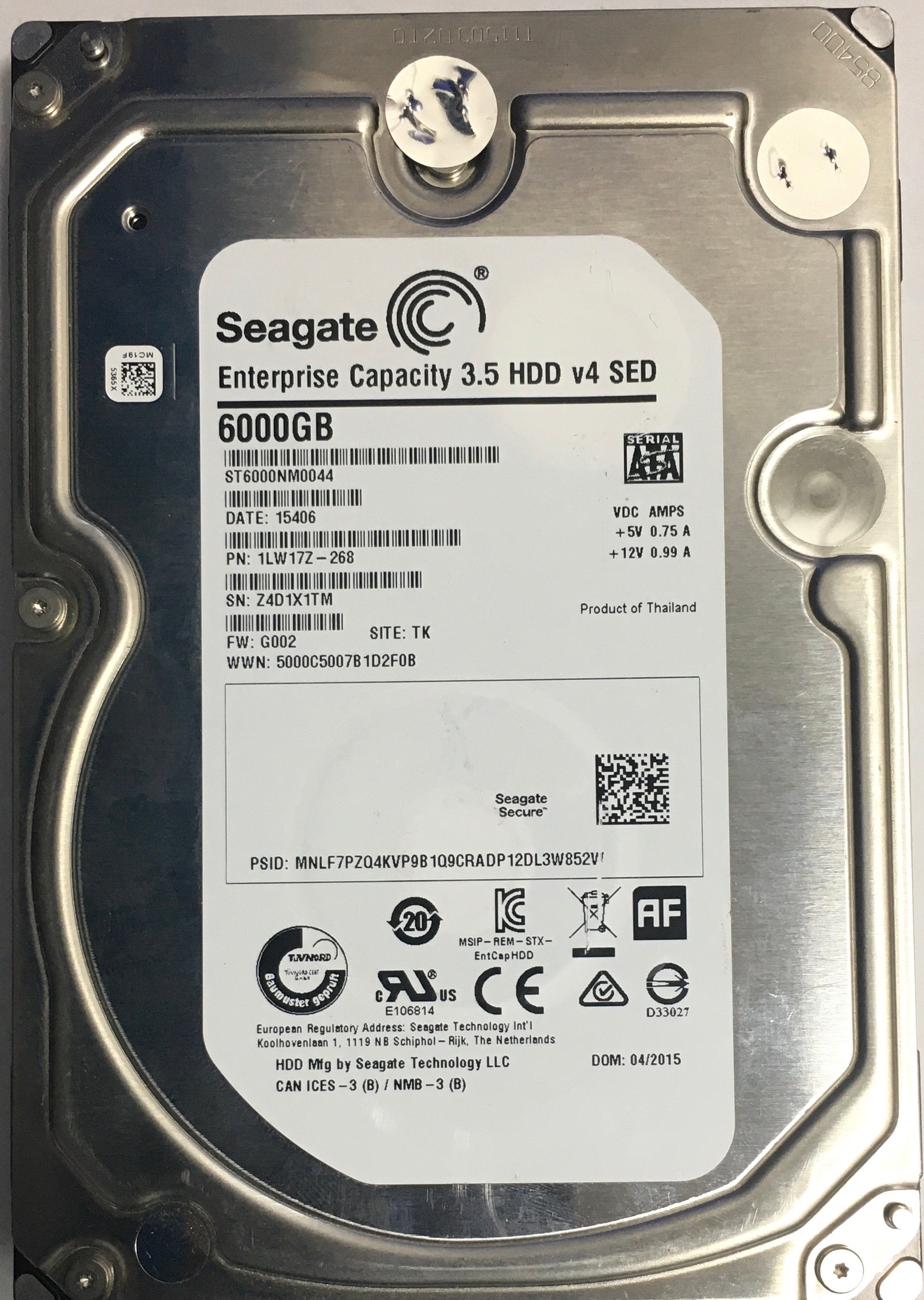 ST6000NM0044,  P/N:1LW17Z-268,  FW:G002,  Serial:Z4D1X1TM,  6000GB 3.5,  PCB:100743767- REV B