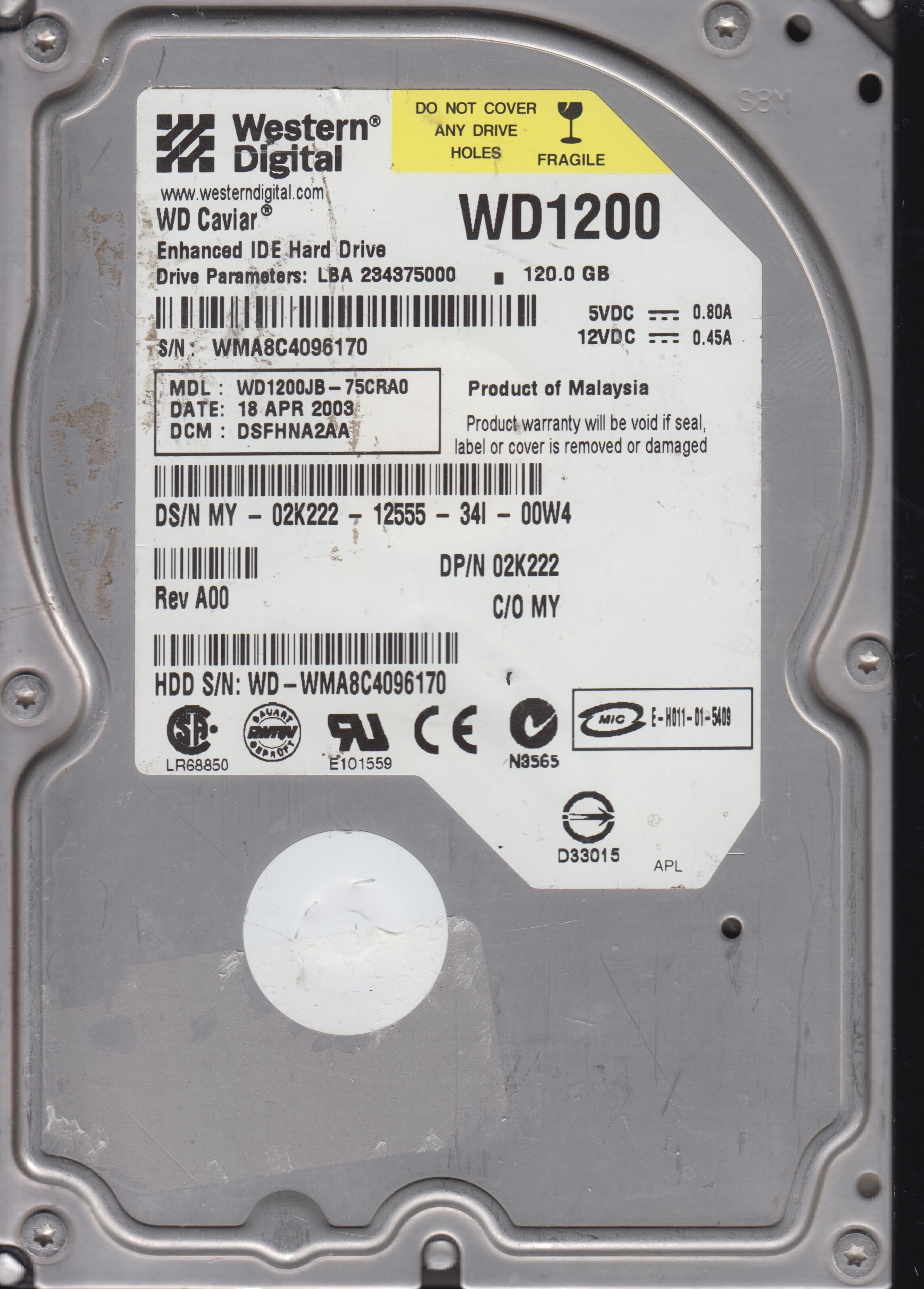 WD1200JB-75CRA0,S/N:WMA8C409170,120GB 3.5