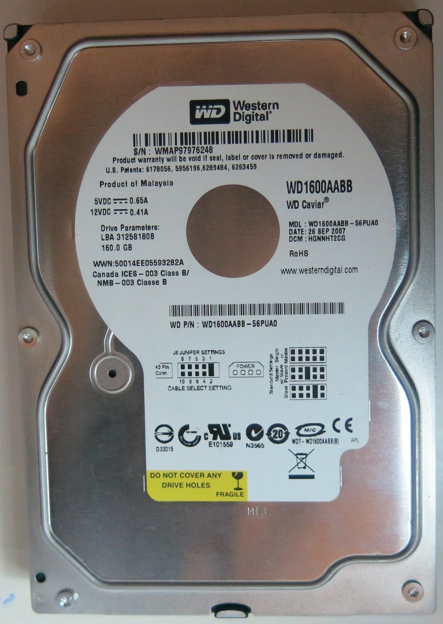 WD1600AABB-56PUA0 PCB: 2060-701494-002 REVB SERIAL NUMBER:  WMAP97976248 DCM HGNNHT2CG 160GB