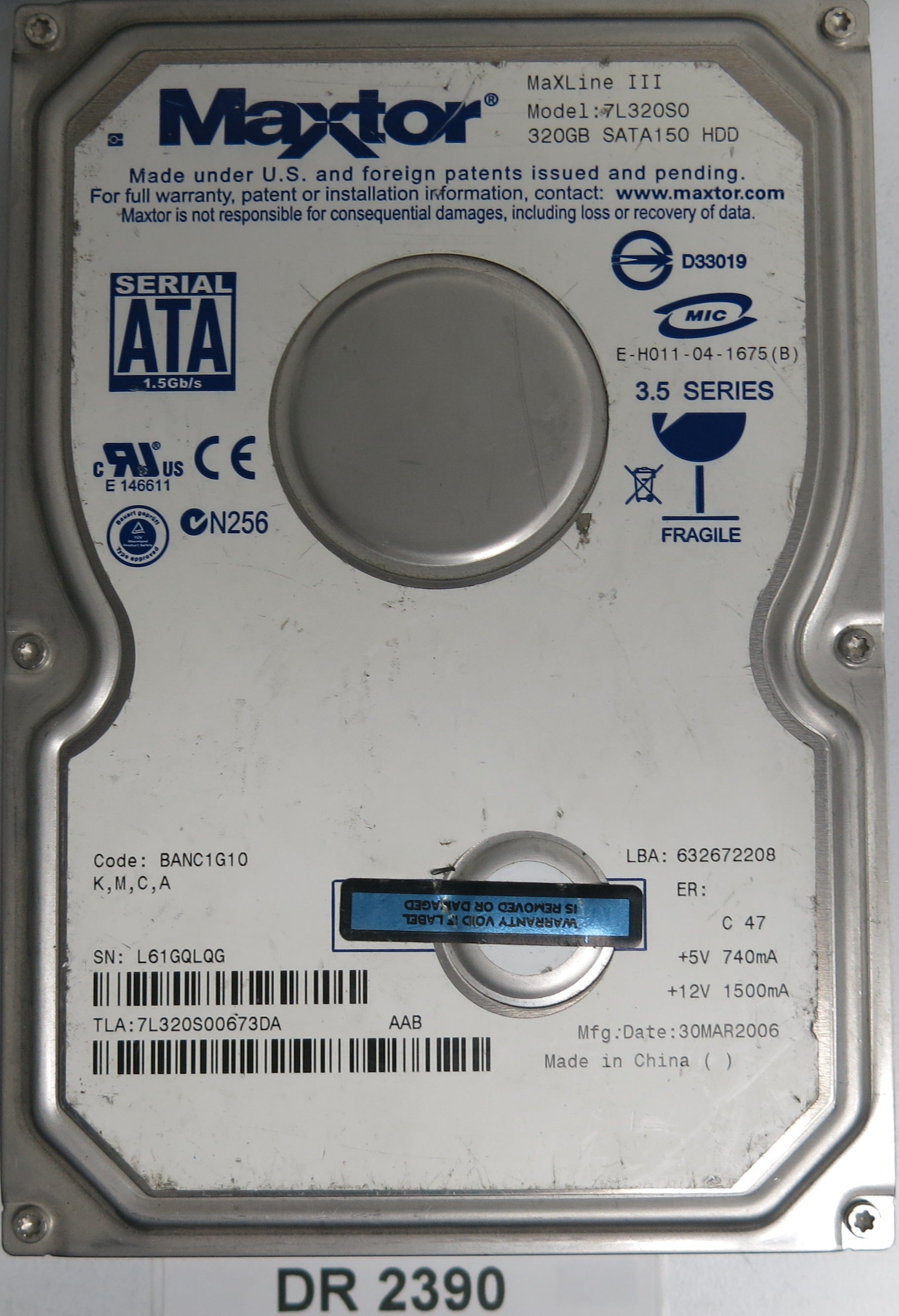 7L320S0, S/N: L61GQLQG, 3.5 320GB
