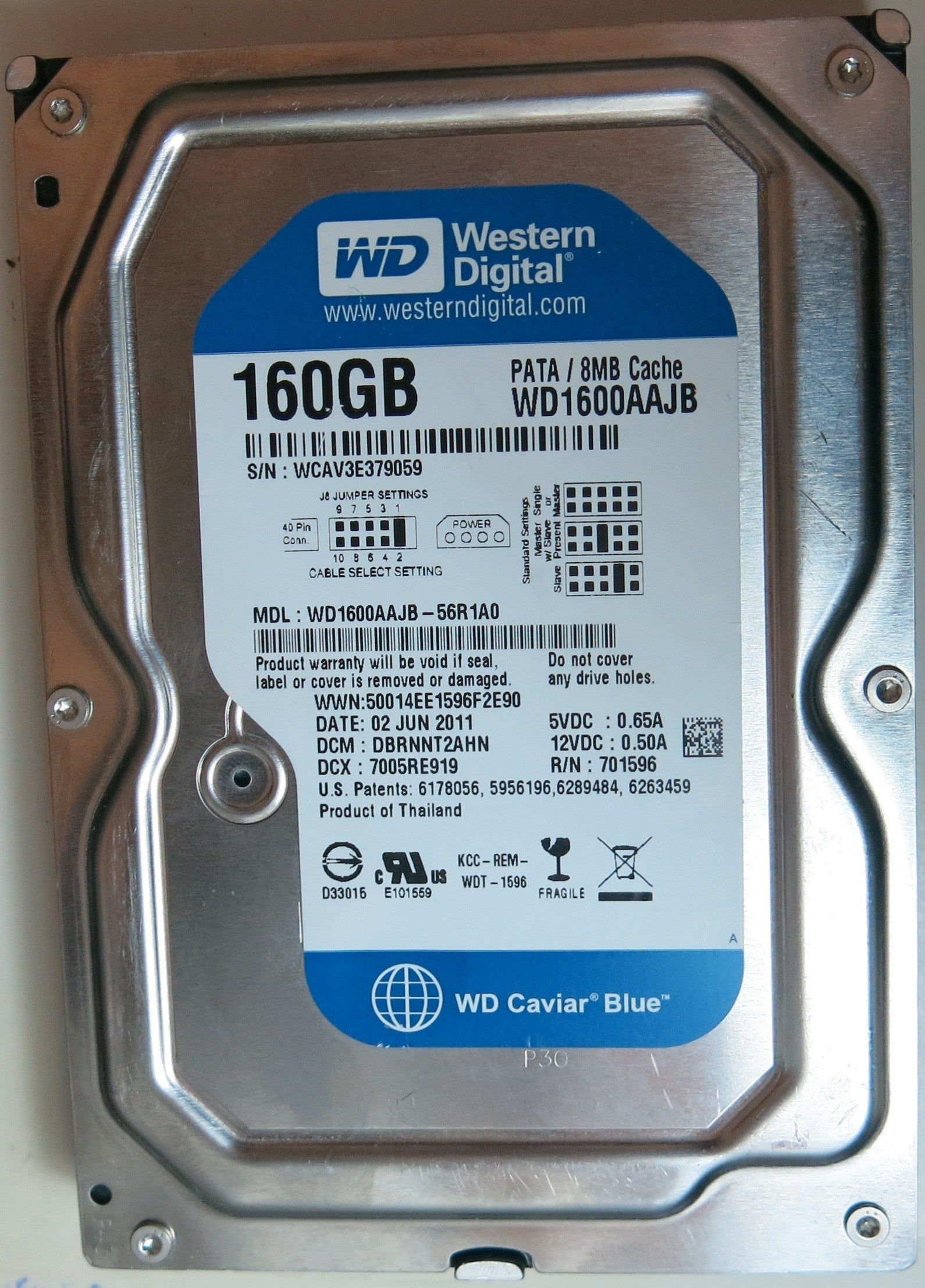 WD1600AAJB-56R1A0 PCB: 2060-701596-001 REV A SERIAL NUMBER: WCAV3E379059 DCM DBRNNT2AHN 160GB