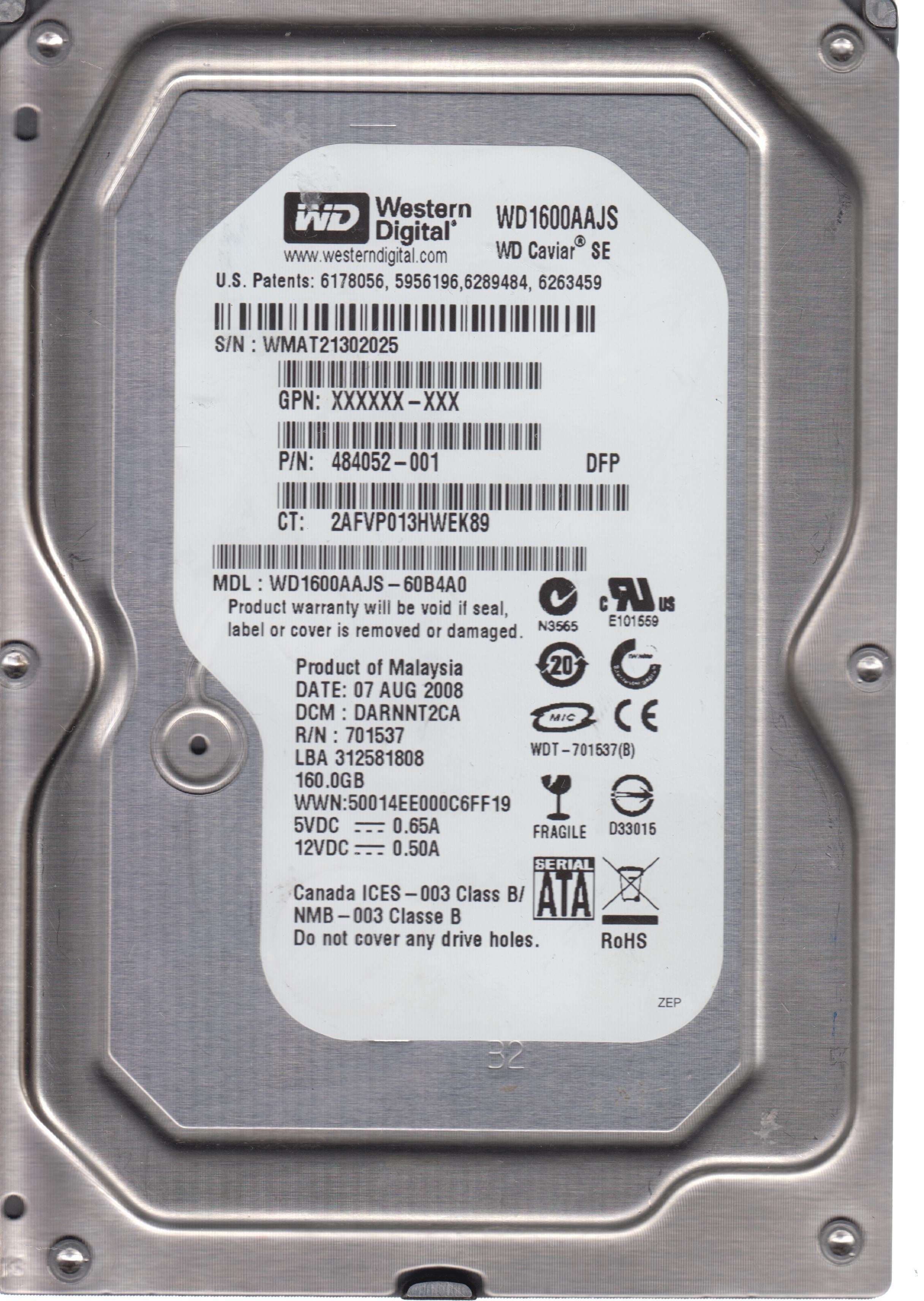 WD1600AAJS-60B4A0 PCB:  2060-701537-003 REV A Serial Number:  WMAT21302025 P/N 484052-001 160GB
