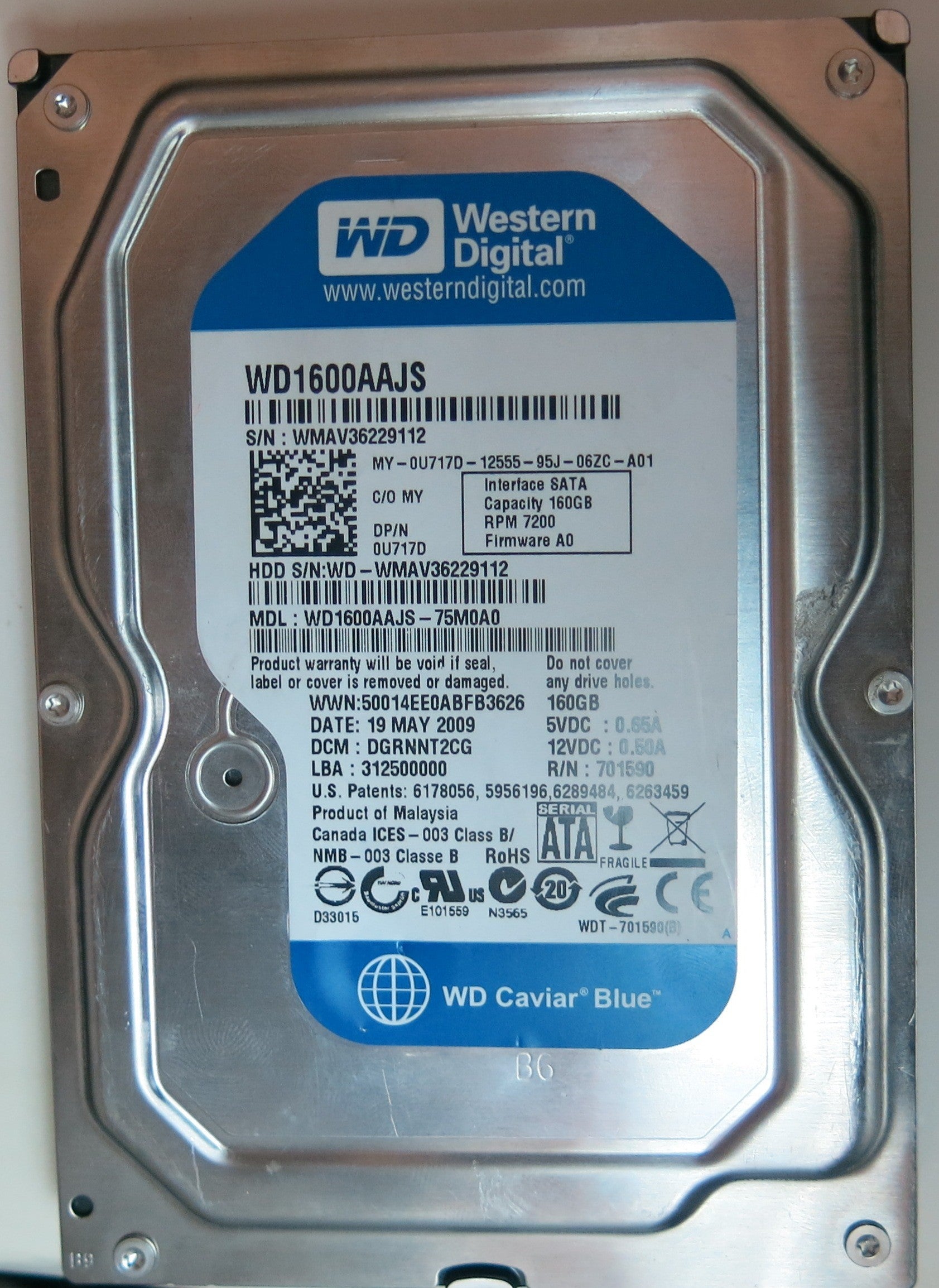 WD1600AAJS-75M0A0 PCB: 2060-701590-000 REV A SERIAL NUMBER: WMAV36229112 DCM DGRNNT2CG 160GB
