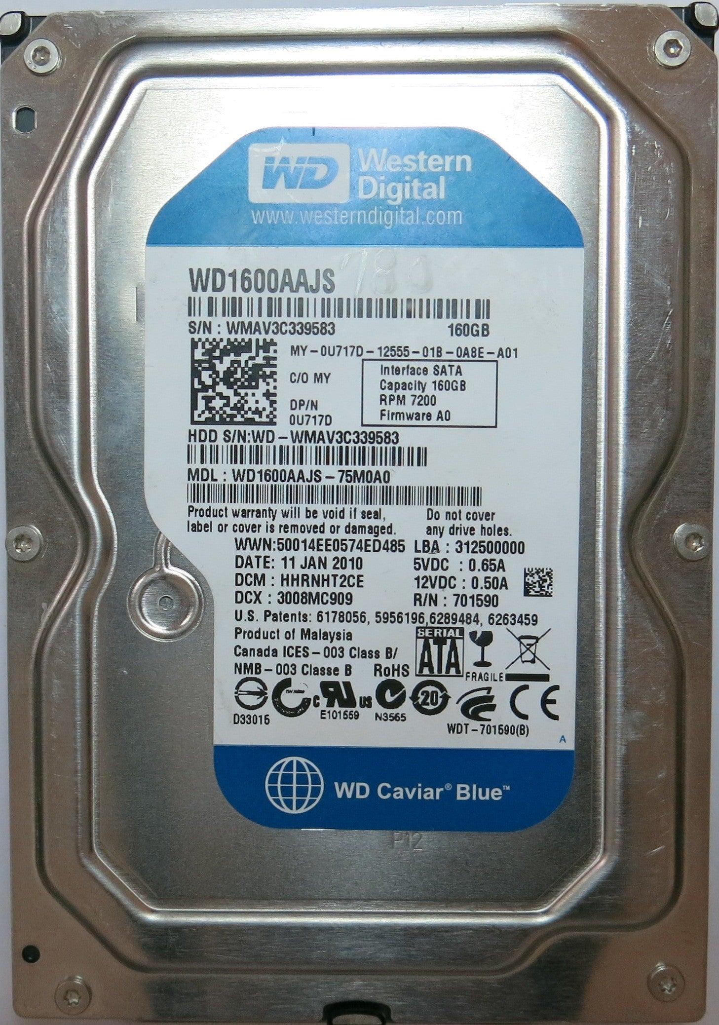 WESTERN DIGITAL WD1600AAJS'75M0A0 PN FW HHRNHT2CE 160,GB