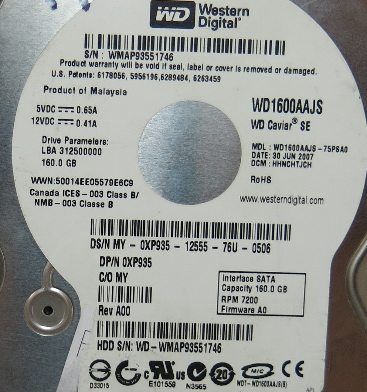 WESTERN DIGITAL WD1600AAJS-75PSAO, DCM 2060-701444-003 REV A,  PCB
