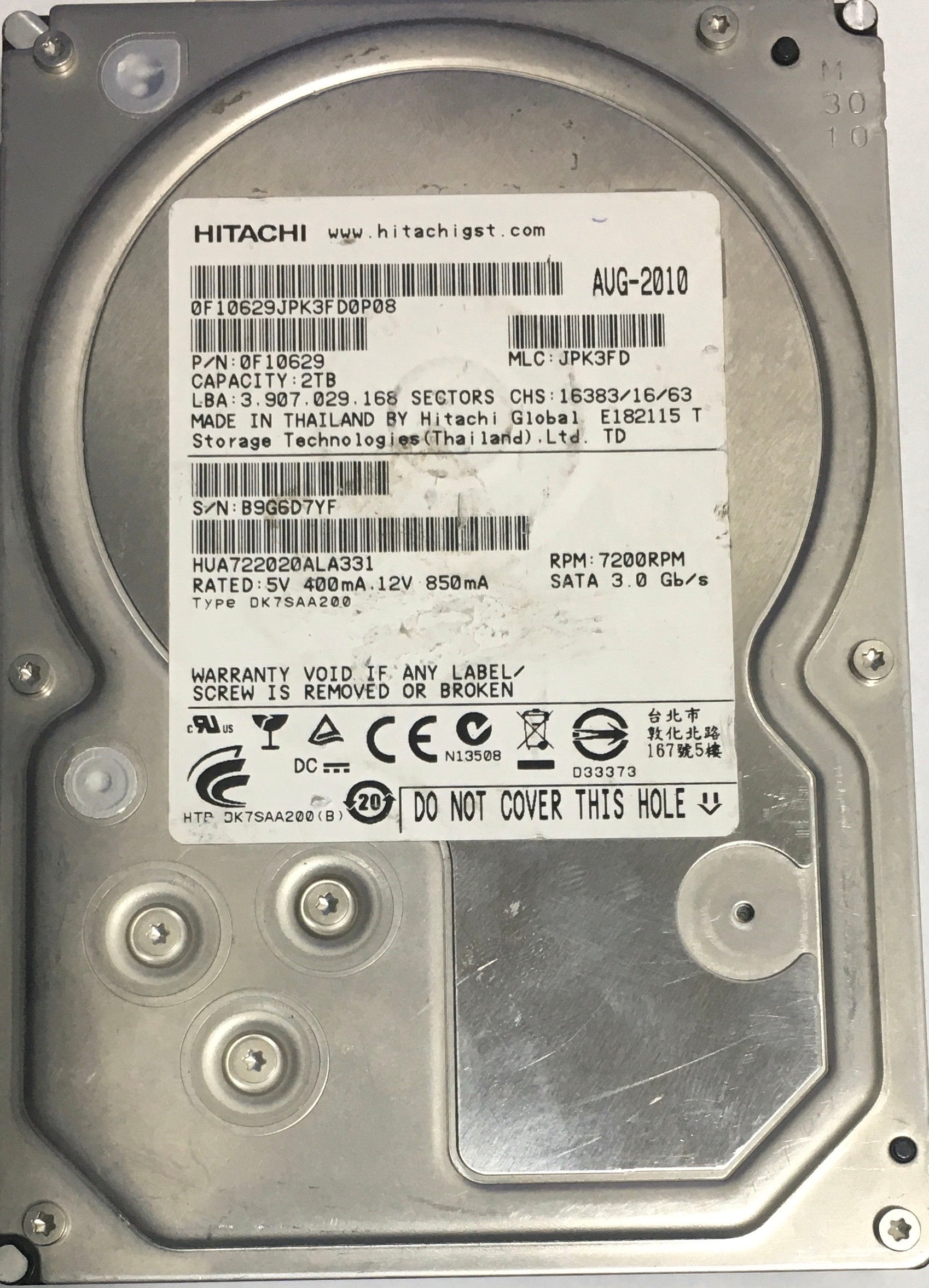 HUA722020ALAC31,  P/N:0F10629,  MLC:JPK3FD,  Serial:B9G6D7YF,  2000GB 3.5,  PCB :110-0A9021-01- REV A