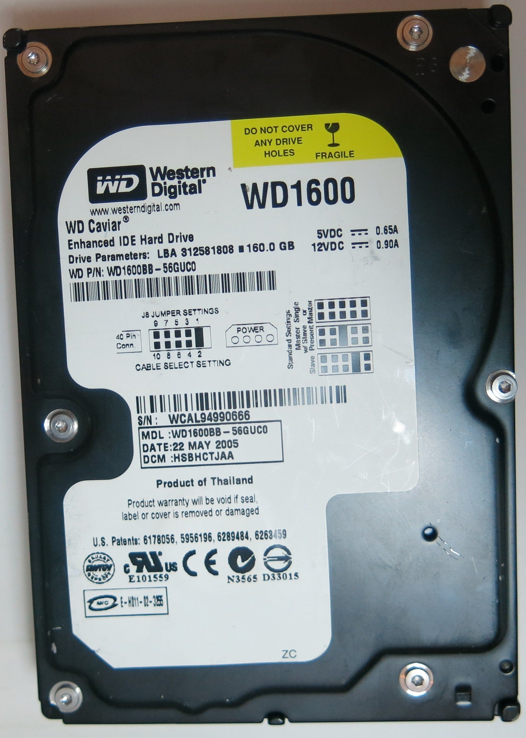 WD1600BB-56GUC0 PCB: 2060-701266-001 REV A SERIAL NUMBER: WD1600BB-56GUC0 DCM HSBHCTJAA 160 GB