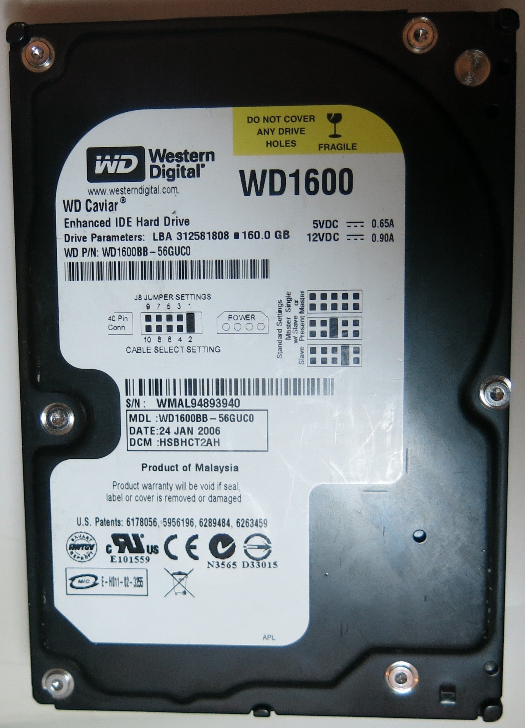WD1600BB-56GUCO PCB: 2060-701266-001 REV A SERIAL NUMBER: WMAL94893940 DCM HSBHCT2AH 160GB