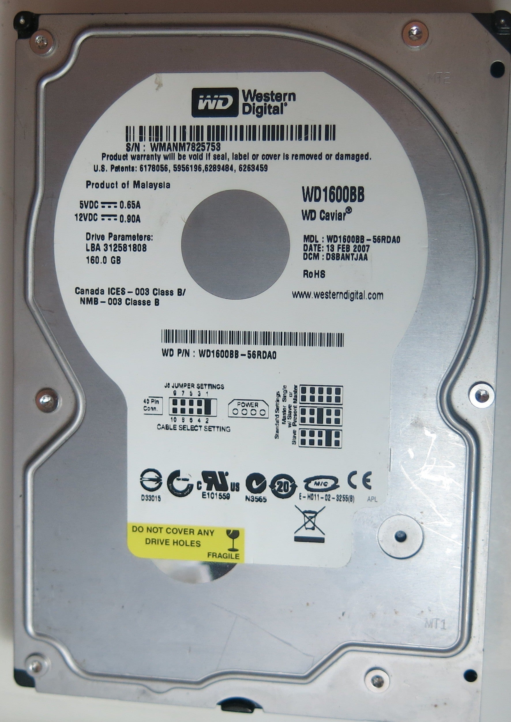 WD1600BB-56RDA0 PCB: 2060-701292-002 REV A SERIAL NUMBER: WMANM7825753 DCM DSBANTJAA 160GB