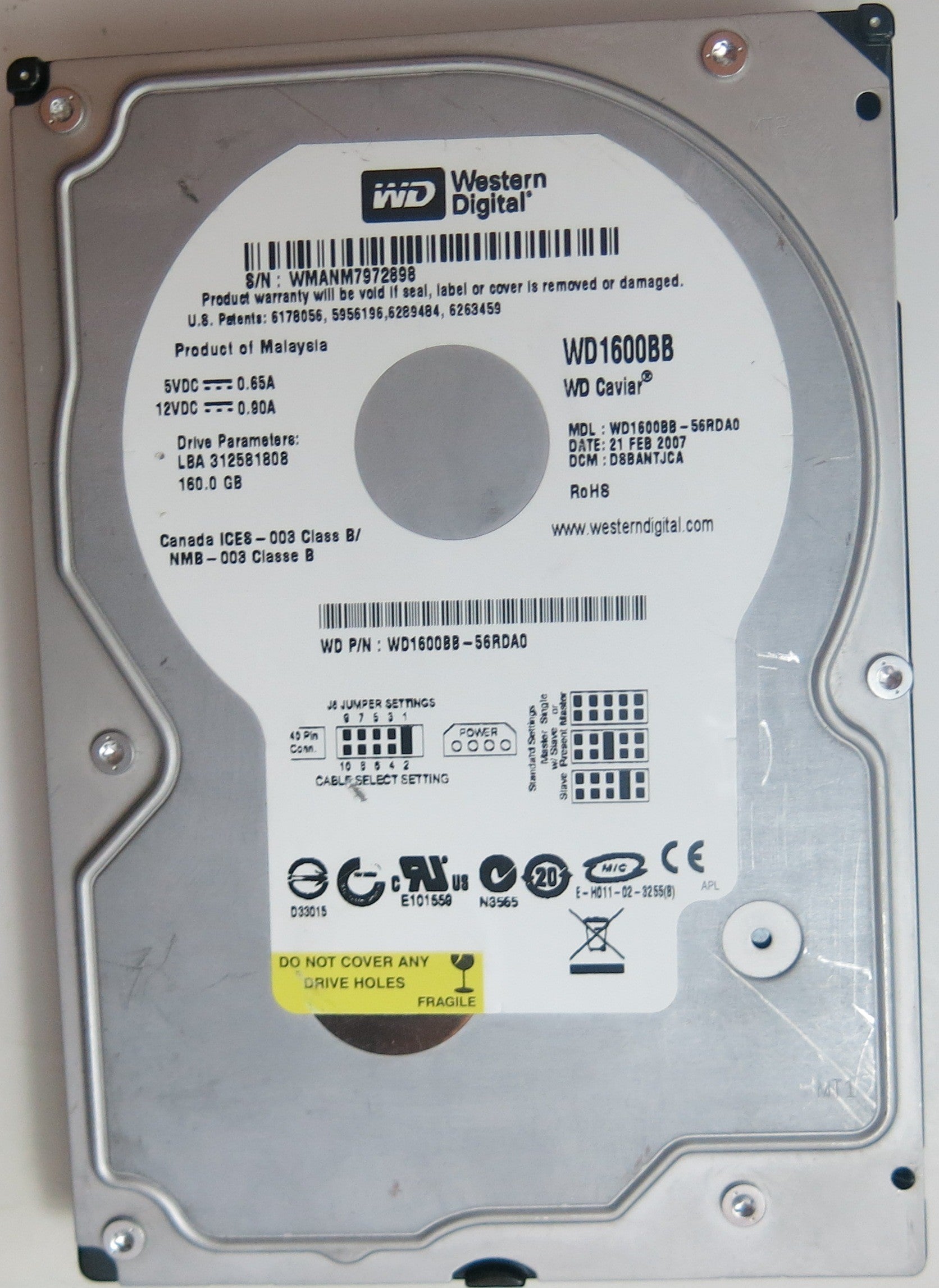 WD1600BB-56RDA0 PCB: 2060-701292-002 REV A SERIAL NUMBER: WMANM7972898 DCM DSBANTJCA 160 GB