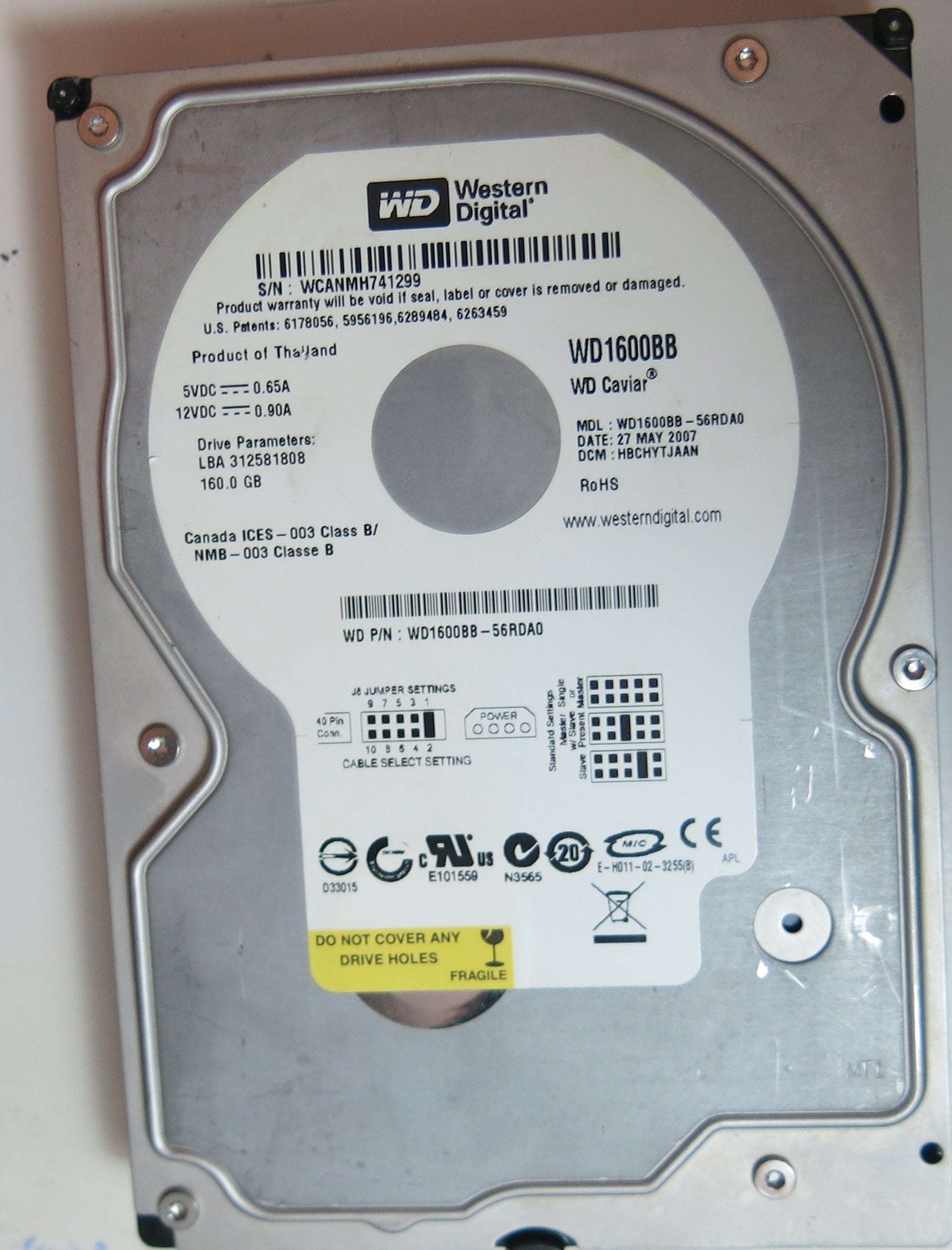 WD1600BB-56RDA0 PCB: 2060-701292-002 REV A SERIAL NUMBER: WCANMH741299 DCM HBCHYTJAAN 160GB