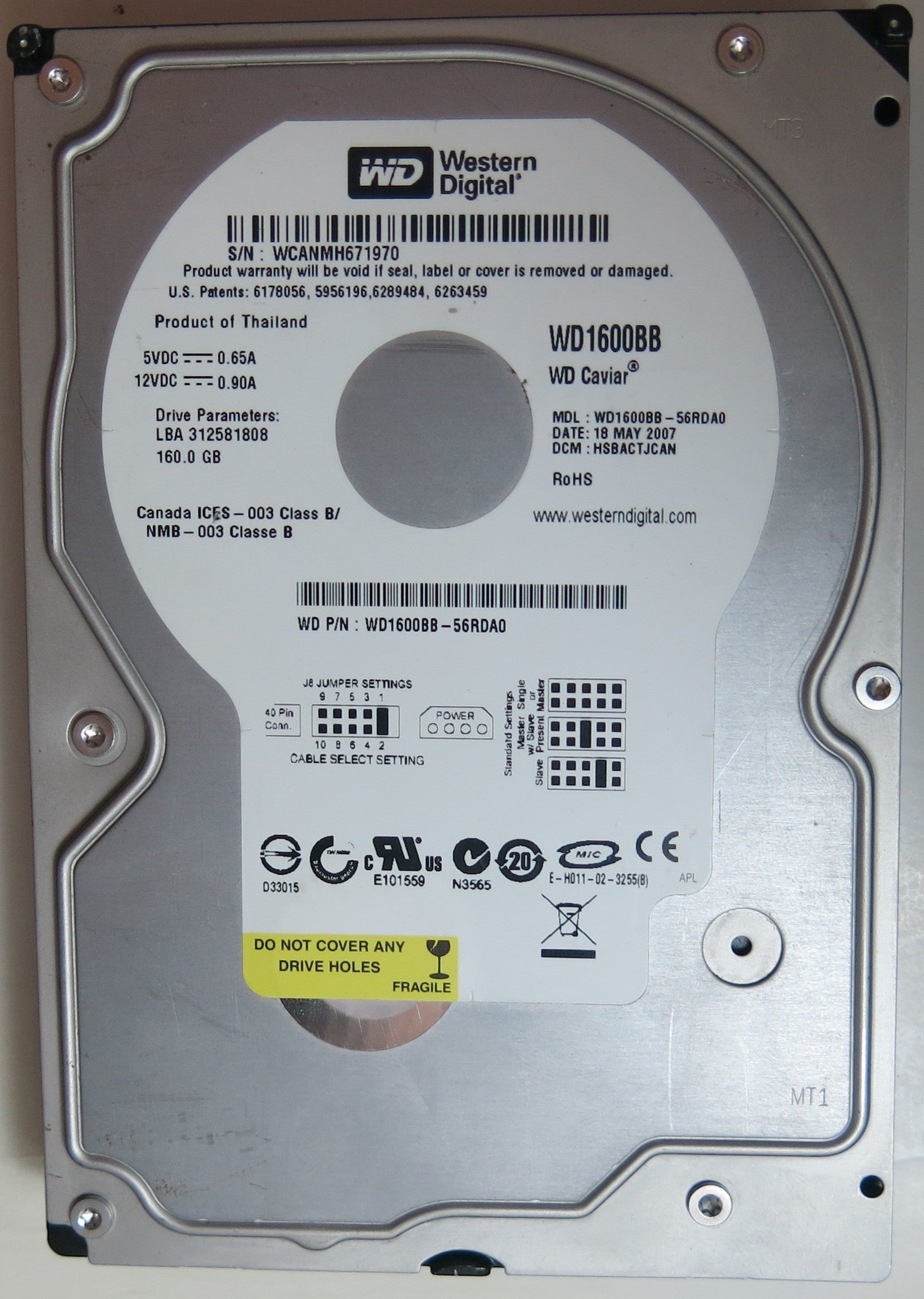 WD1600BB-56RDA0 PCB: 2060-701292-002 REV A SERIAL NUMBER: WCANMH671970 DCM HSBACTJCAN 160GB