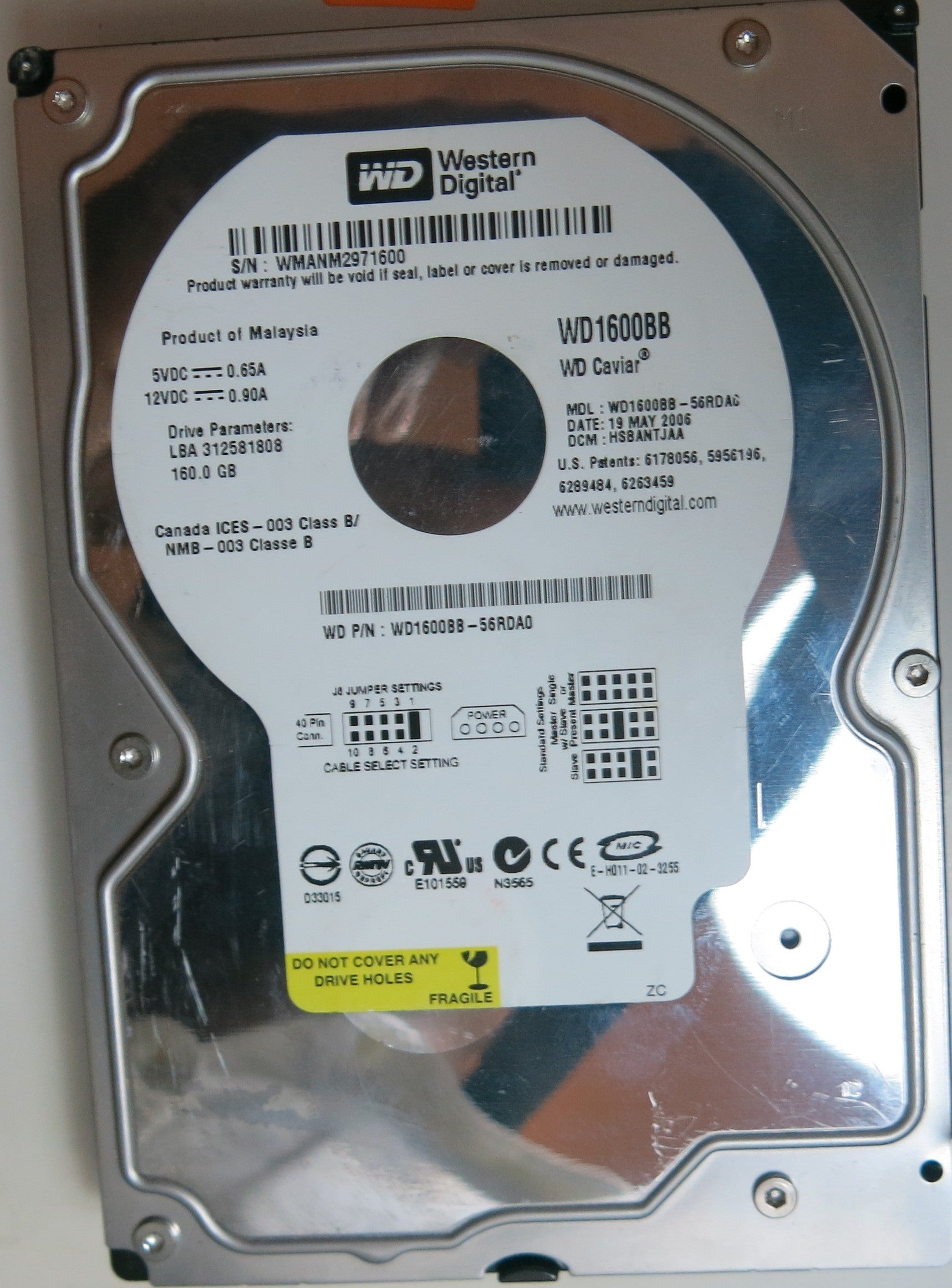 WD1600BB-56RDA0 PCB: 2060-701292-001 REA SERIAL NUMBER: WMANM2971600 DCM HSBANTJAA 160GB